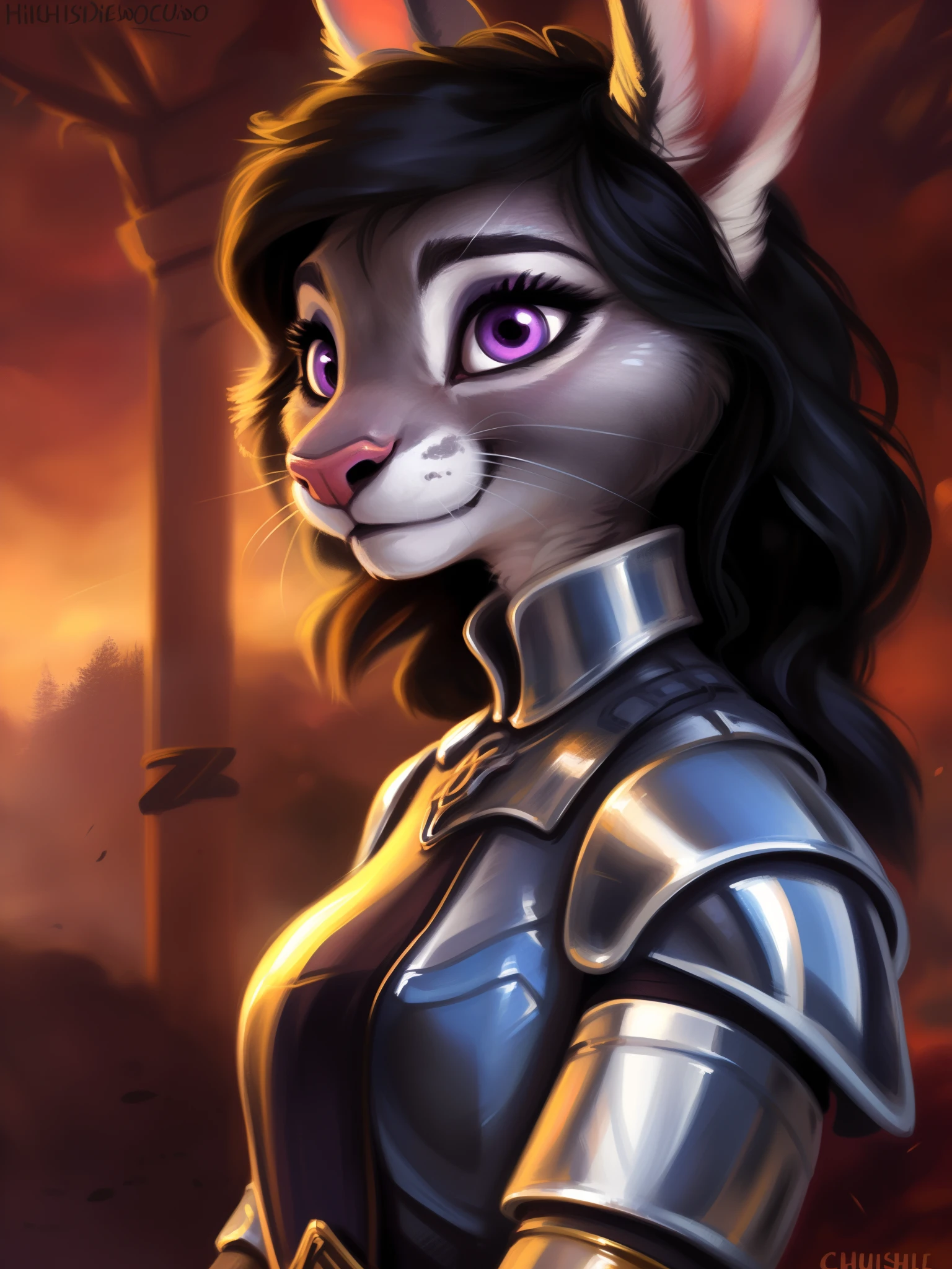 (8k, best quality, masterpiece), (by hioshiru and kenket and dimwitdog, Michael & Zaush, Inessa Garmash, Ruan Jia, Pino Daeni, Chunie), Disney, Zootopia, Judy Hopps with mane, (long black hairs) dressed as a knight paladin, anthro bunny, intricate details, steel armor, female, purple eyes, sensual, beautiful and feminine, attractive look, dramatic, cinematic lighting, trending on artstation, solo