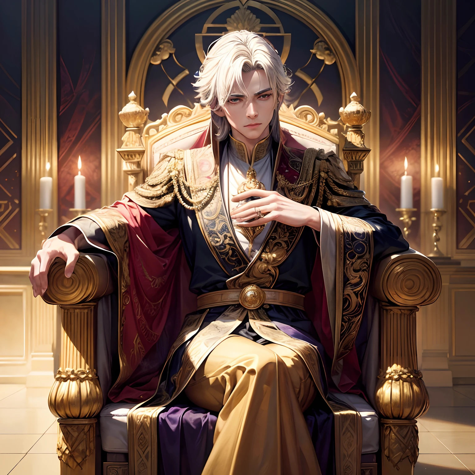 A handsome guy in a crown and robe sits on a throne, highly detailed 3D art