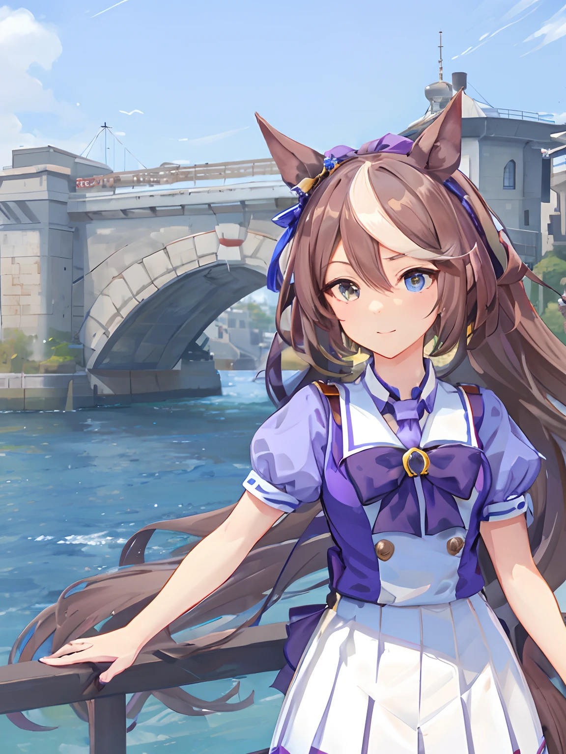 Anime girl with long brown hair and purple dress stands in front of the bridge, from the azur lane videogame, azur lane style, Holo is a wolf girl, Anime girl with horse ears, Girl with horse ears, Very Beautiful Anime Cat Girl, beautiful anime catgirl, characters from azur lane, holo if a wolf girl