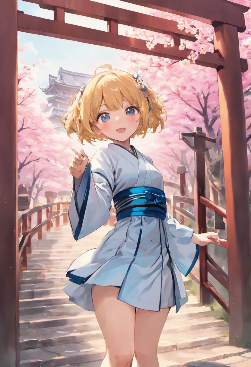 (((Masterpiece: 1,5, Best quality, high resolution, Super resolution, Ultra detailed: 1,2, Rich background: 1,4))), (Close up), (1girll), Solo, Green eyes, Long blonde hair tied with a blue ribbon, hair adornments, Blunt bangs, Smiling, Big high school girl, Medium breast, ((hand in the air)), Japanese clothes, (Blue short stripe kimono), sandals, ribbon, Obi, ((En plein air)), cherry blossom, (Torii gate), stone steps, sky (mid afternoon), Cherry blossoms fall, ((Dramaticlight: 1,3)), Cloudy, (fuji scenery behind)