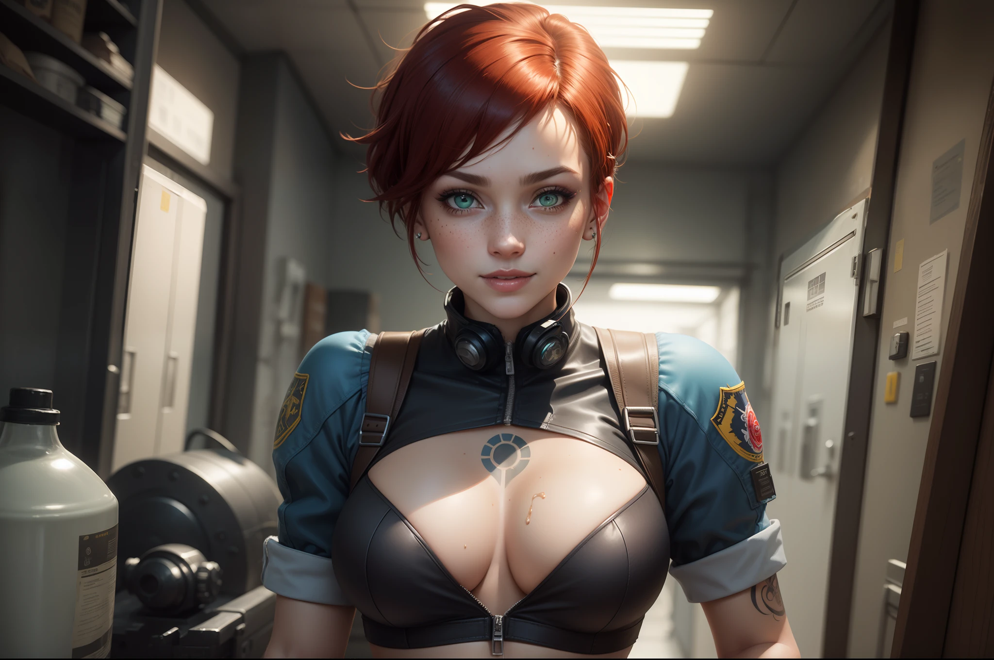 gwen tennyson,tracer,jill valentine, rebecca chambers,overwatch,resident evil,close up,mecha pilot,body paint, haunted mansion,tattoos,blue and gray plugsuit,white short sleeve silk top,steel cargo pants,uncovered belly, short hair,cute makeup,green eyes, red and gold hair,shy smile,freckles, redhead,beautiful girl,large breasts, ultra detailed,realistic,fantasy art, military uniform,steel armor,monster lab,moonlight,police uniform,pilot jacket,ear piercings,hair pin,wet body, upper body close up,