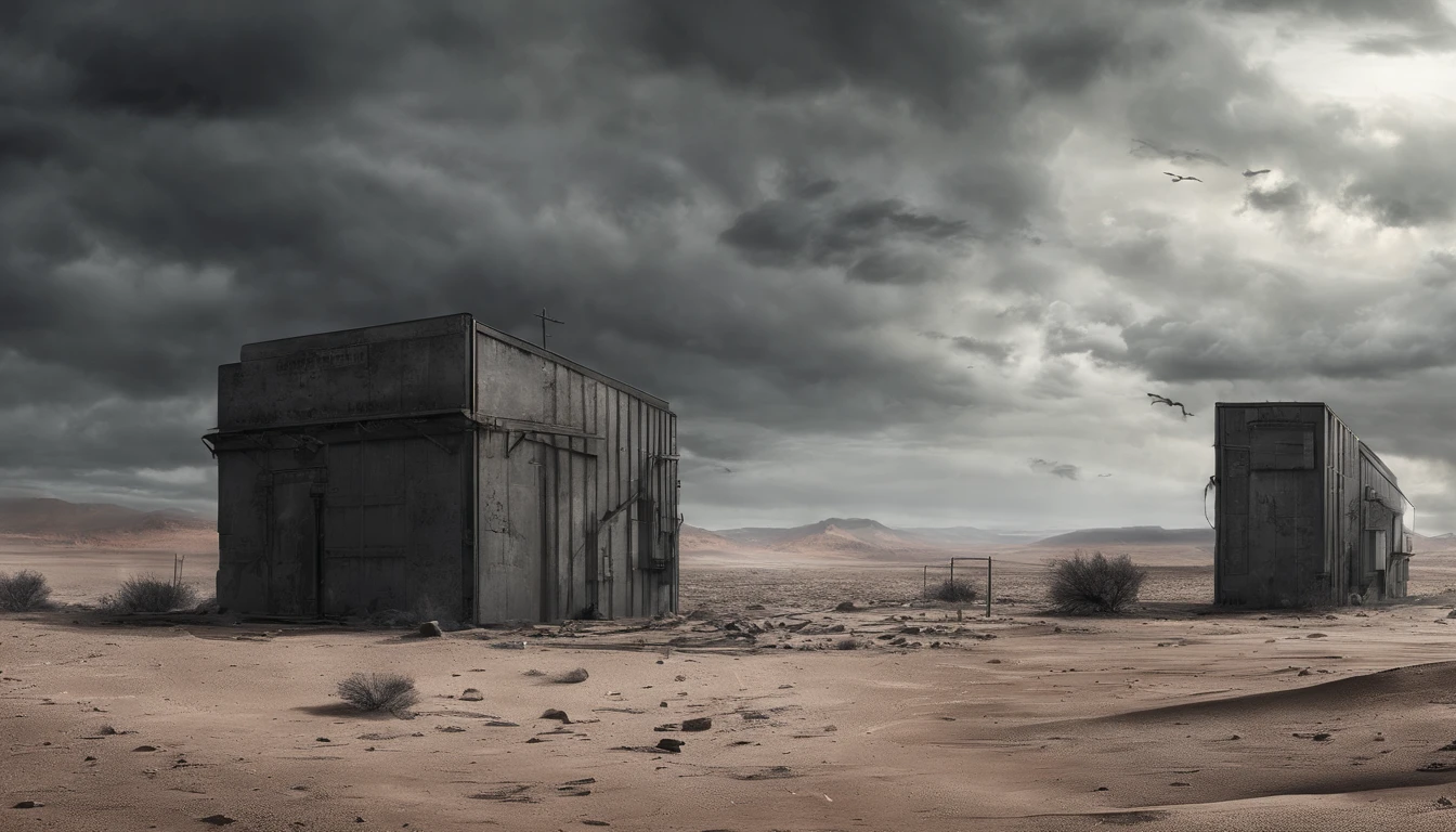 cold sky outside, clouded cold sky, desert, apocalyptic landscape.