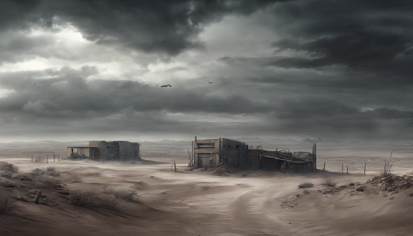 cold sky outside, clouded cold sky, desert, apocalyptic landscape.