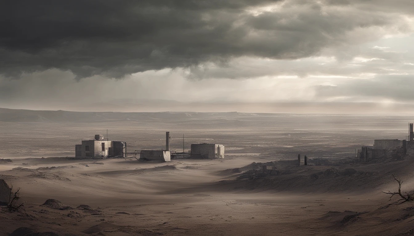 cold sky outside, clouded cold sky, desert, apocalyptic landscape.