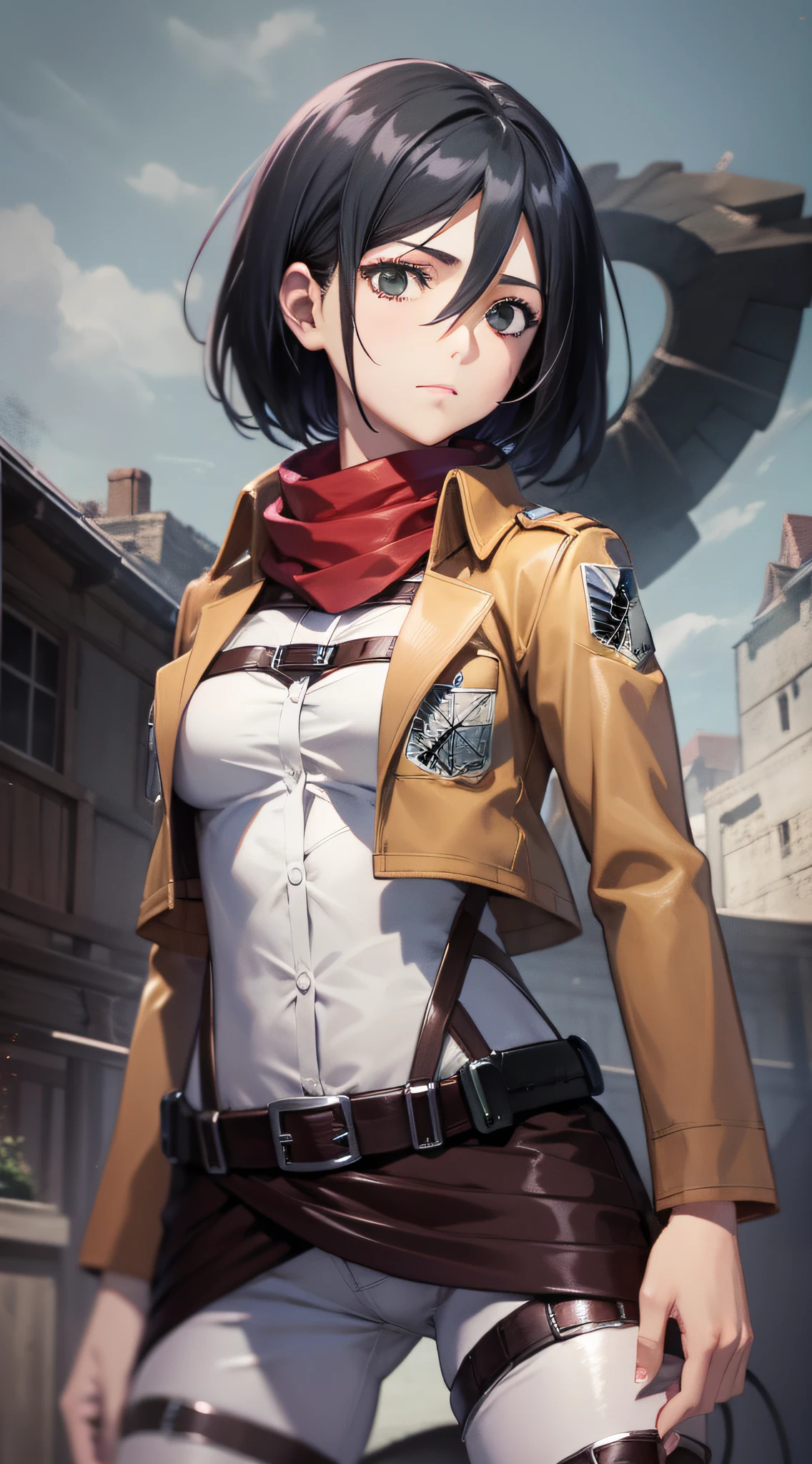 aot style, shingeki no kyojin,

mikasa ackerman,

1girl, arm strap, bangs, black hair, black pants, breasts, cowboy shot, embers, green eyes, grey background, hair between eyes, harness, long sleeves, looking at viewer, medium breasts, pants, red scarf, scarf, shirt, short hair, smoke, solo, thigh strap,  brown jacket, white shirt, survey corps \(emblem\)

, ((masterpiece)), best quality
,