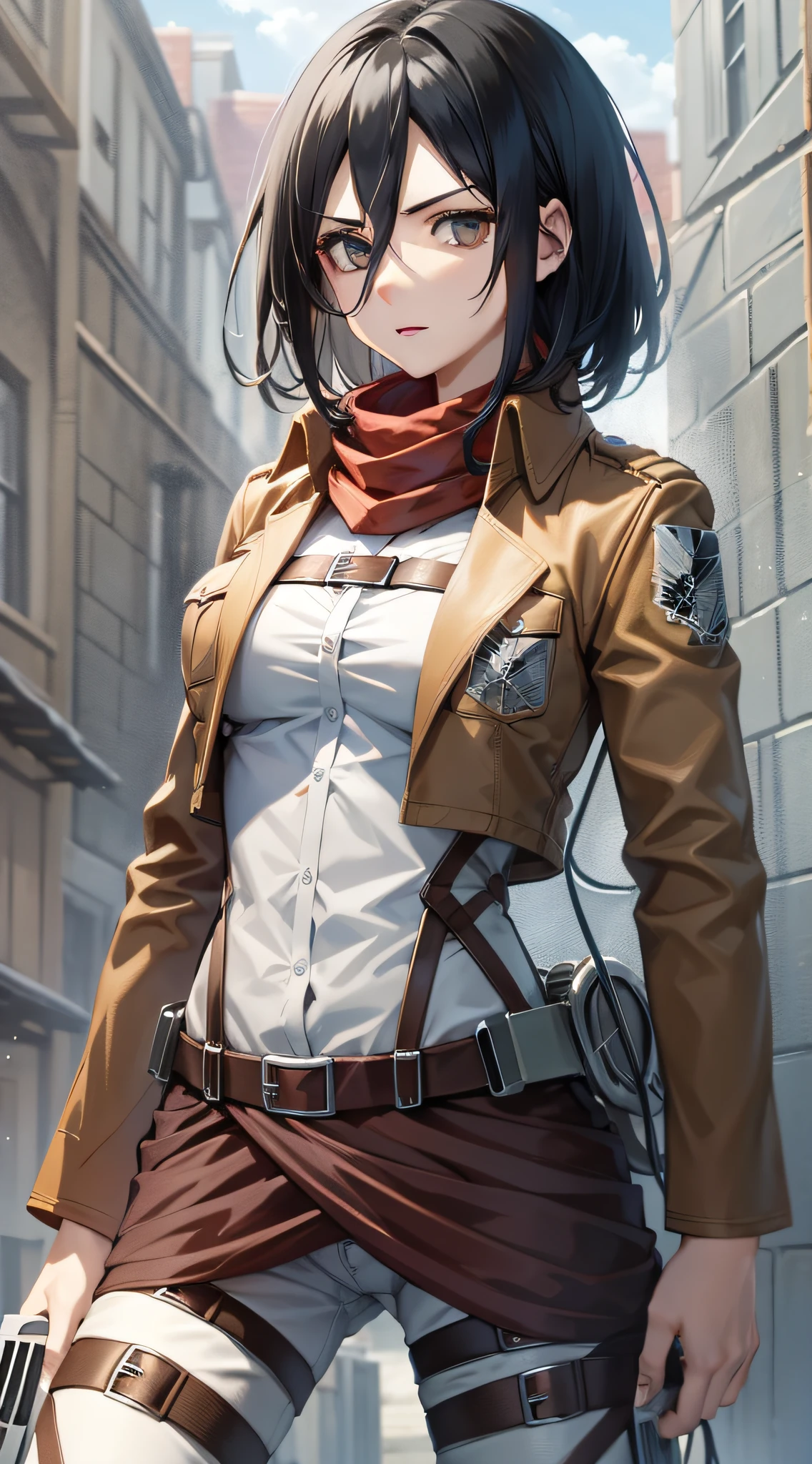 aot style, shingeki no kyojin,
mikasa ackerman,
1girl, arm strap, bangs, black hair, black pants, breasts, cowboy shot, embers, green eyes, grey background, hair between eyes, harness, long sleeves, looking at viewer, medium breasts, pants, red scarf, scarf, shirt, short hair, smoke, solo, thigh strap, brown jacket, white shirt, survey corps \(emblem\)
, ((masterpiece)), best quality
,