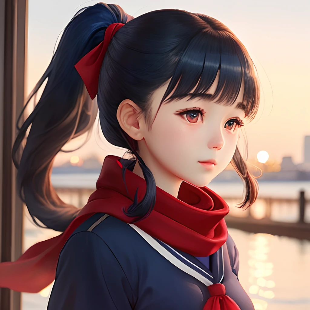 ponytail
Girls' High School
Dark blue uniform
Red scarf
sailor suit