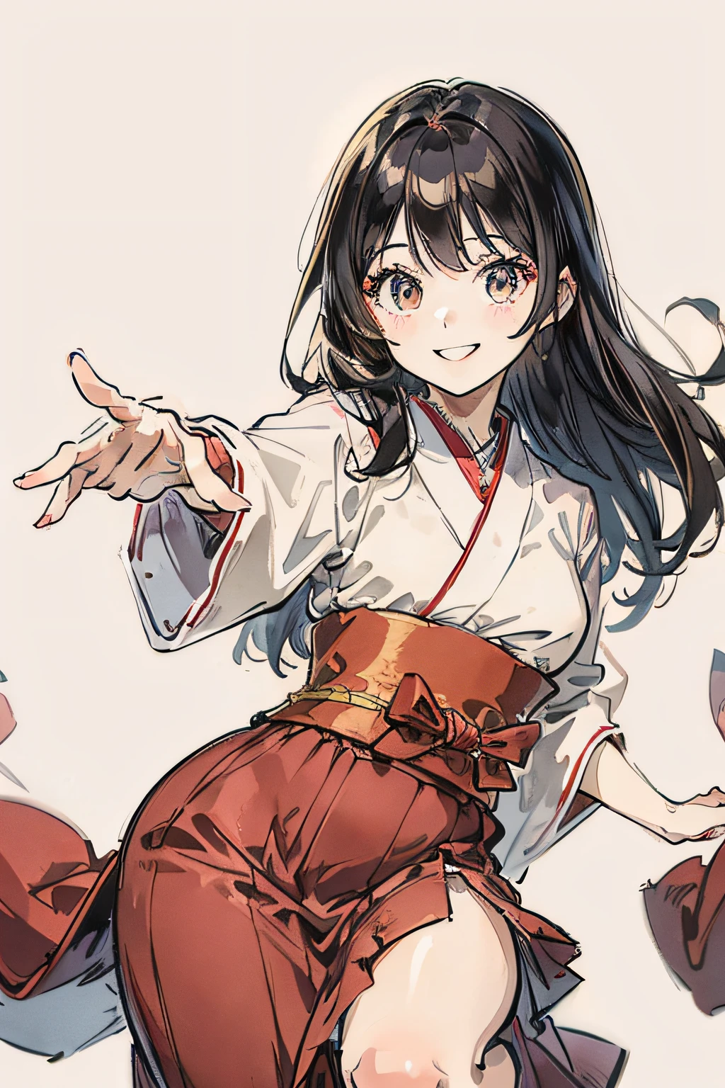 teens girl、Fluffy smile、Dark hair、White kimono、long red skirt、Reaching out、simple background