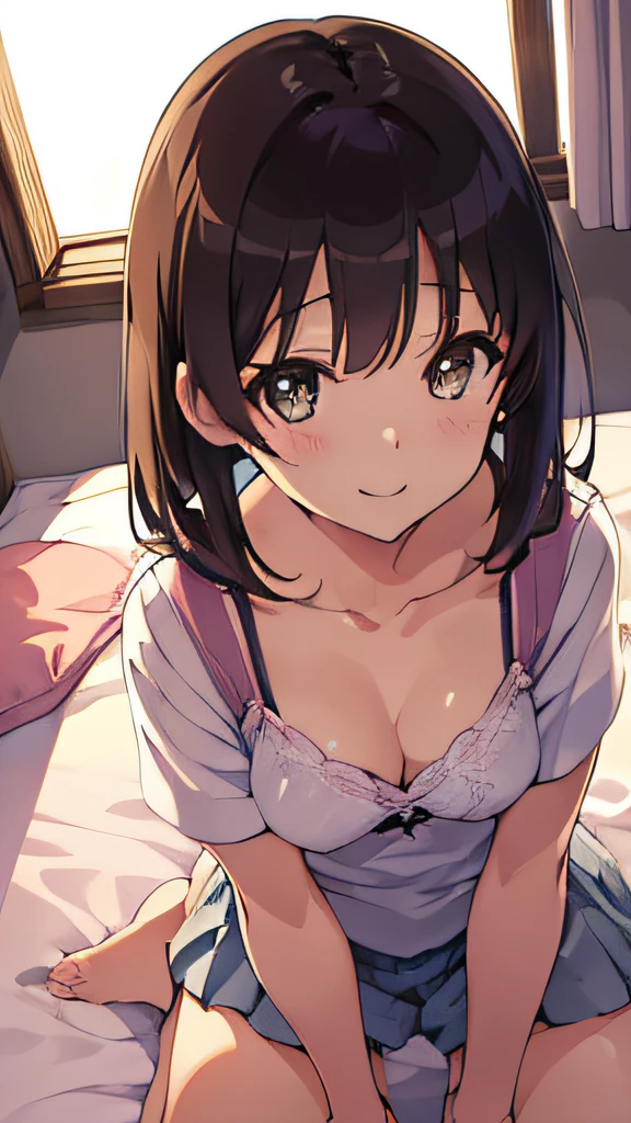 ((masutepiece)), ((Best Quality)), (Ultra-detailed), Anime style, look down from above, on the bed, Cute s, 1girl in, Solo, underwear00, ((Beautiful eyes)), large full breasts, Smile