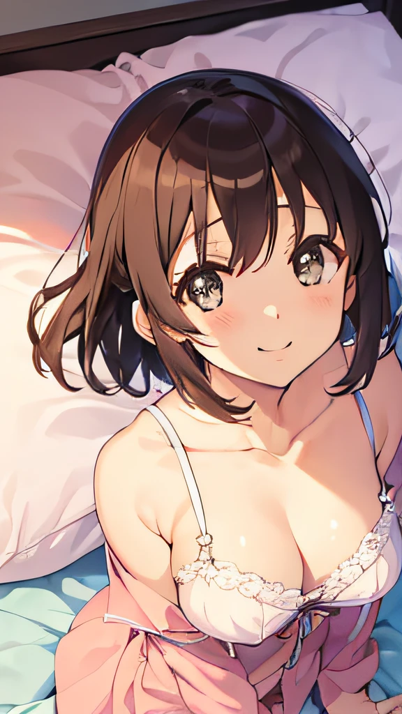 ((masutepiece)), ((Best Quality)), (Ultra-detailed), Anime style, look down from above, on the bed,  s, 1girl in, Solo, underwear00, ((Beautiful eyes)), large full breasts, Smile