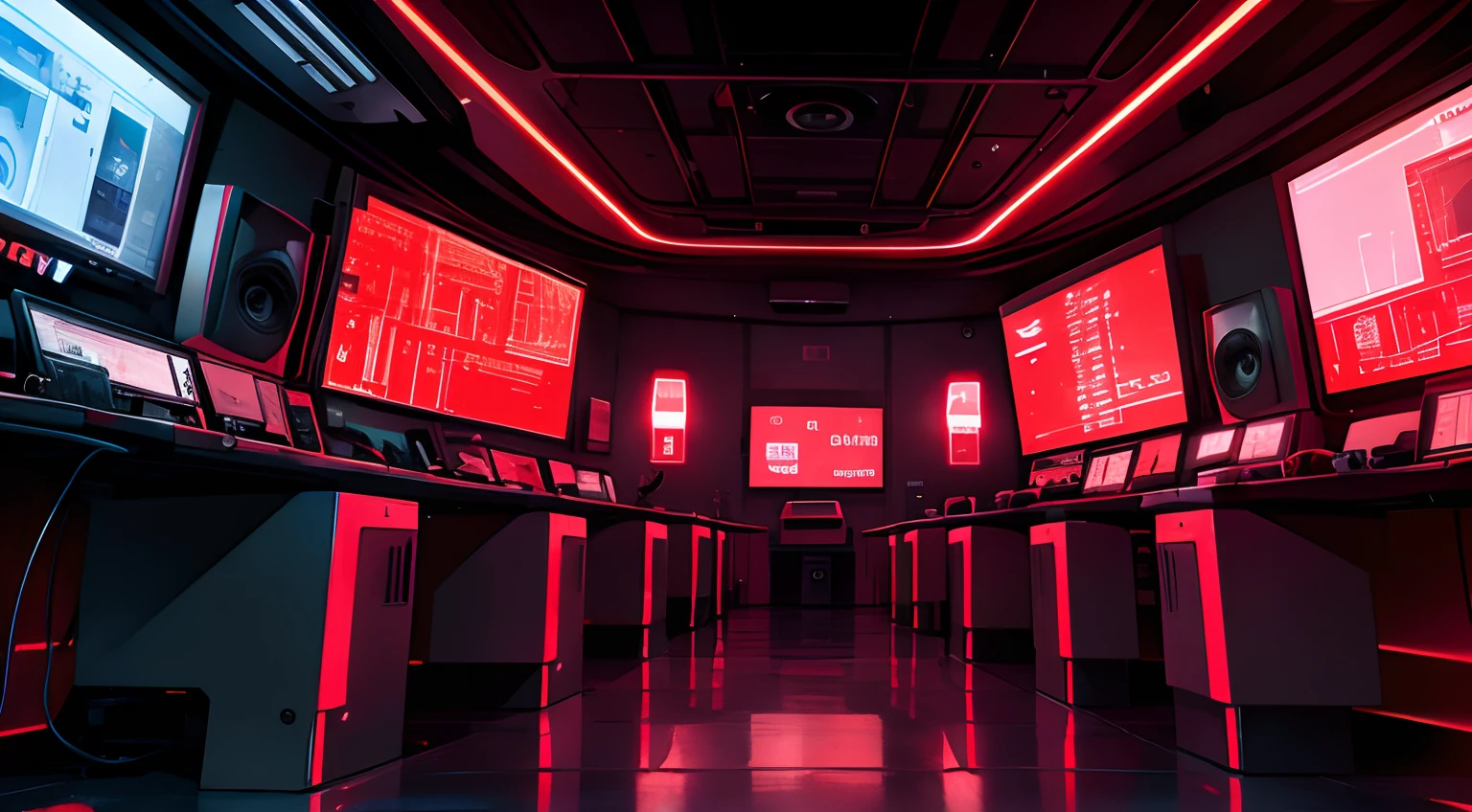 cctv room, sci fi, lab, red, night, ultra wide