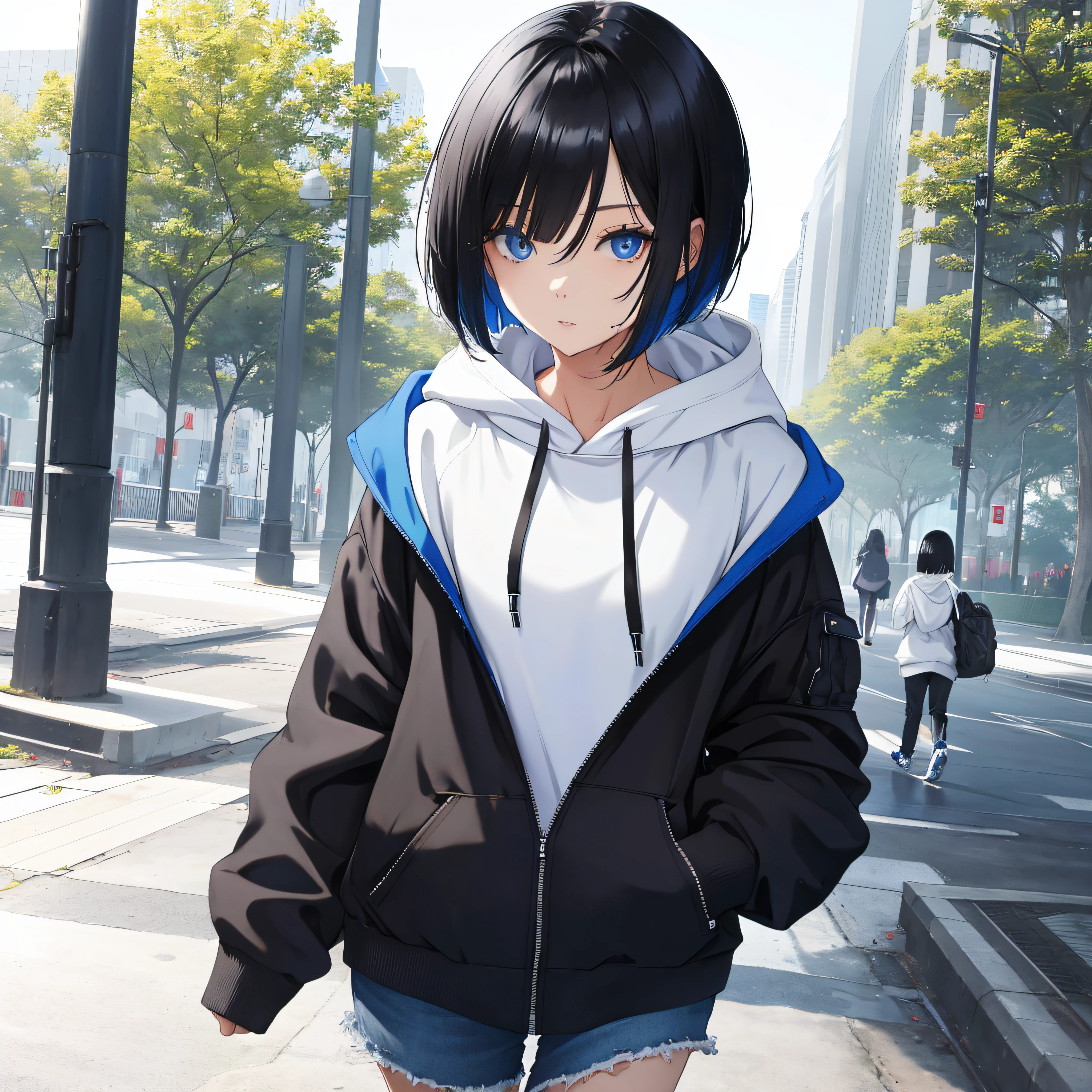 Woman strolling in park、Black Medium Bob、Blue eyes、White hoodie、wet、Soto、top-quality