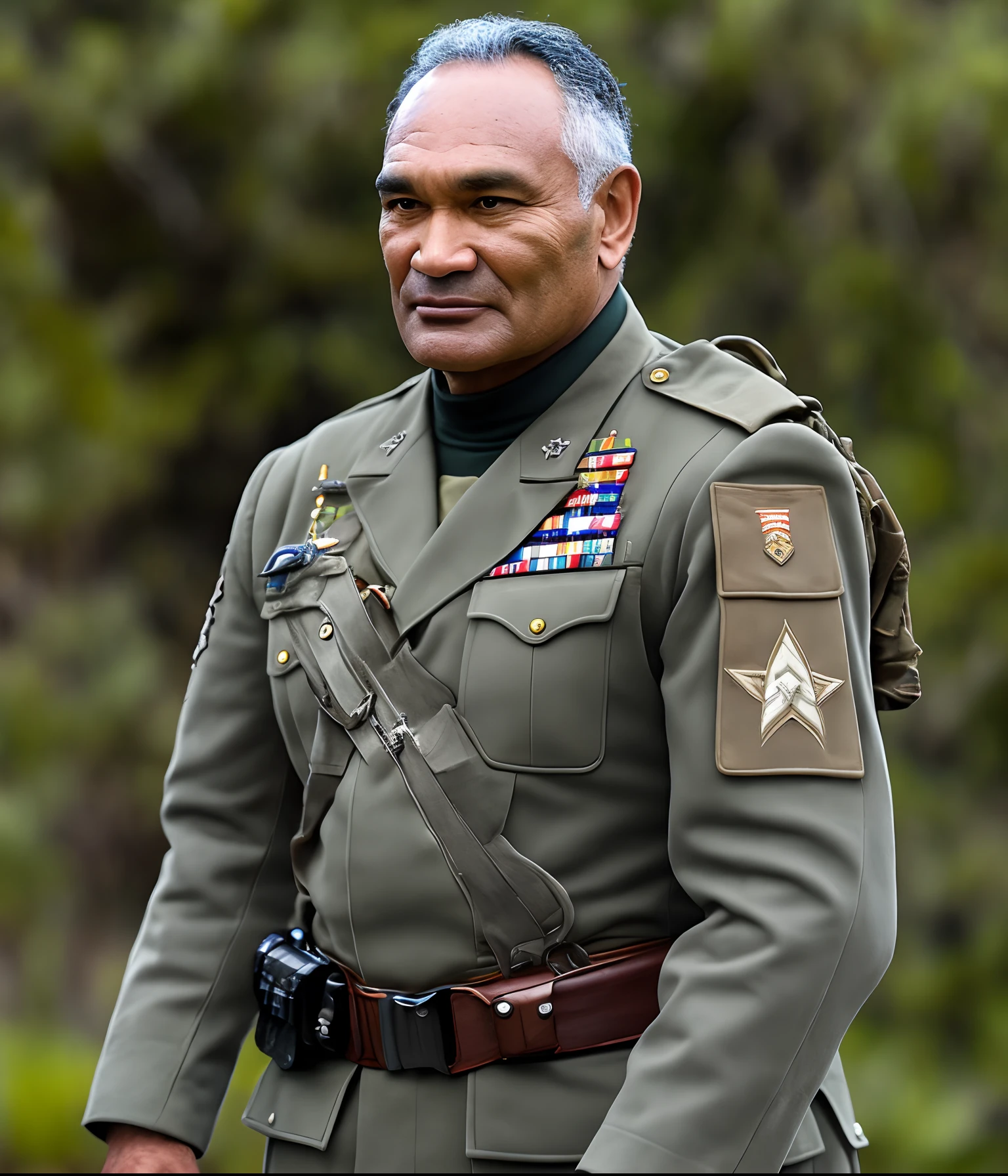 Temuera Morrison wearing a Wehrmacht and USMC based Star Wars olive green-grey Imperial Colonel uniform and cover.