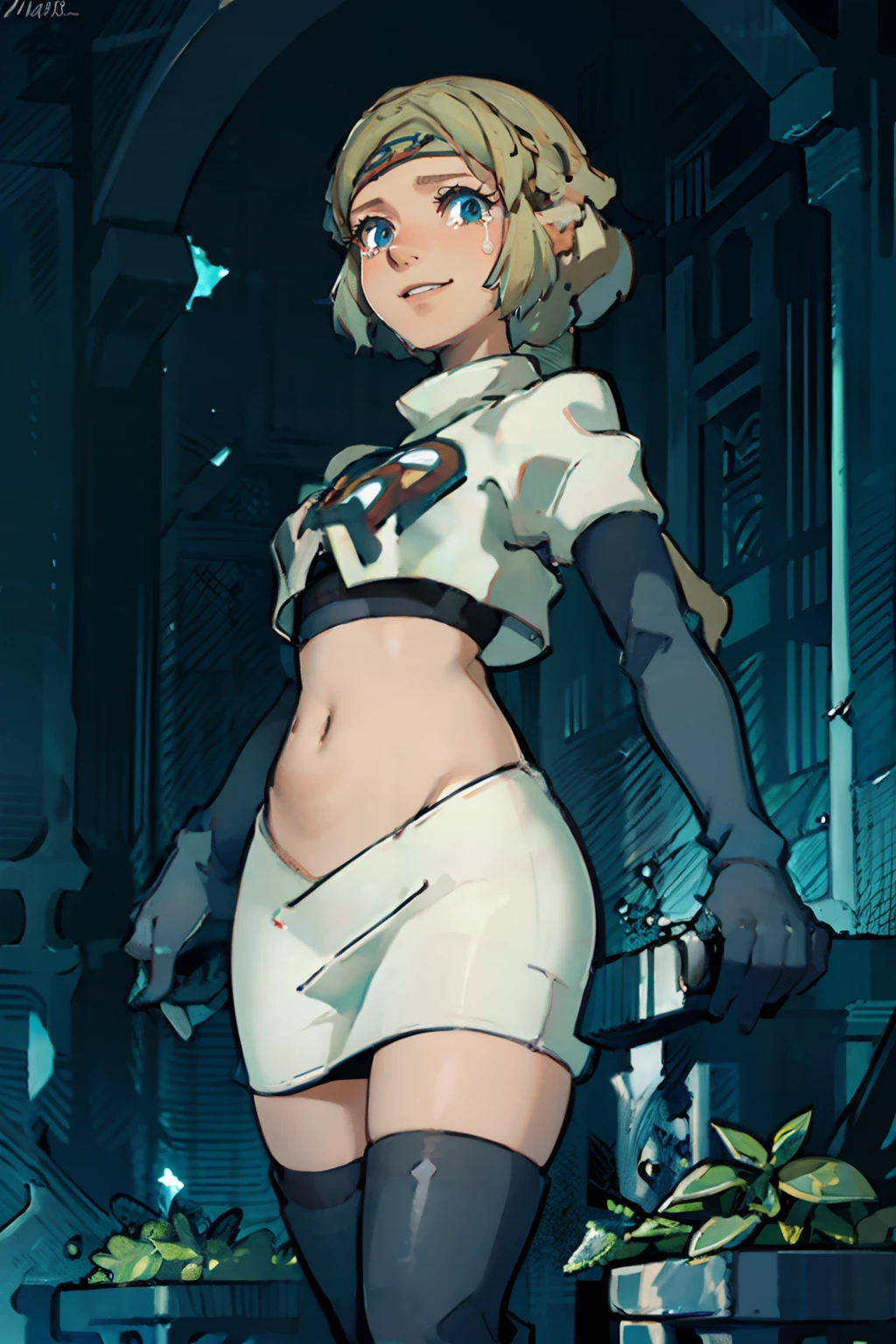 face of Princess Zelda (The Legend of Zelda: Tears of the Kingdom), 1girl,team rocket,team rocket uniform, red letter R, white skirt,white crop top,black thigh-highs,black elbow gloves, evil looking smile