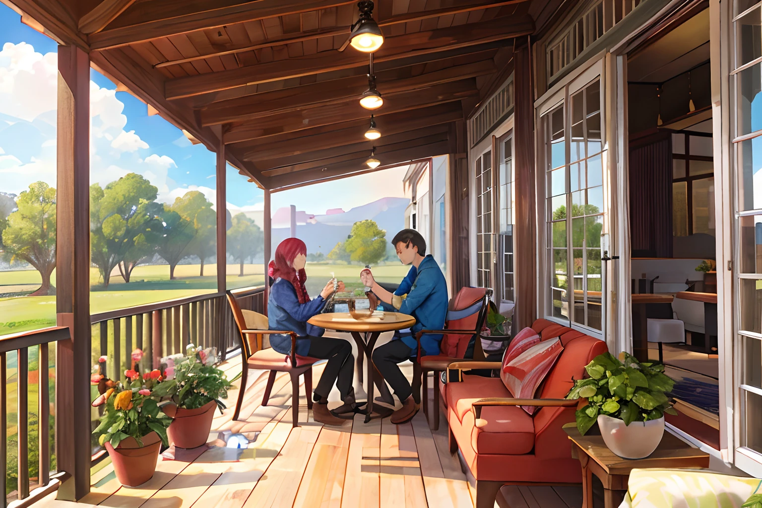 Family of 2 in the distant future 2114 outdoors with coffee