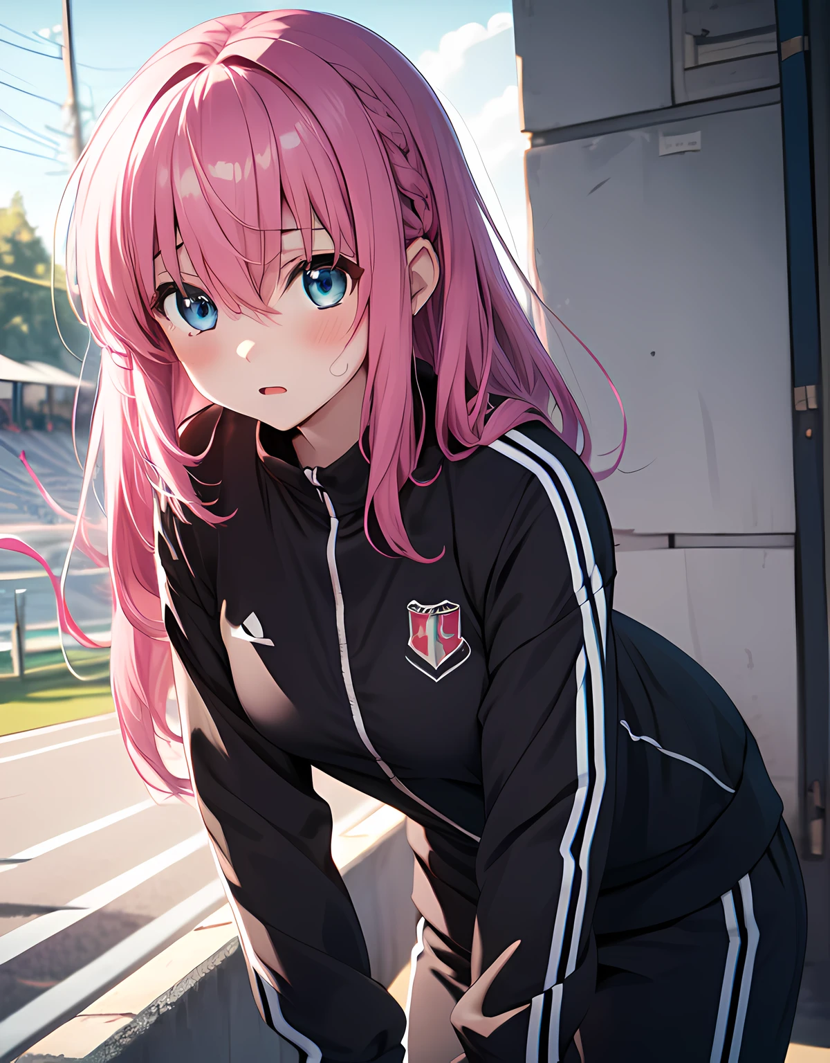 (masterpiece), 1girl, pixel, hitori gotou, blue eyes, hair between eyes, pink hair, braided hair, long hair, tracksuit, black tracksuit, surprised, blush, shock, curious, outdoors