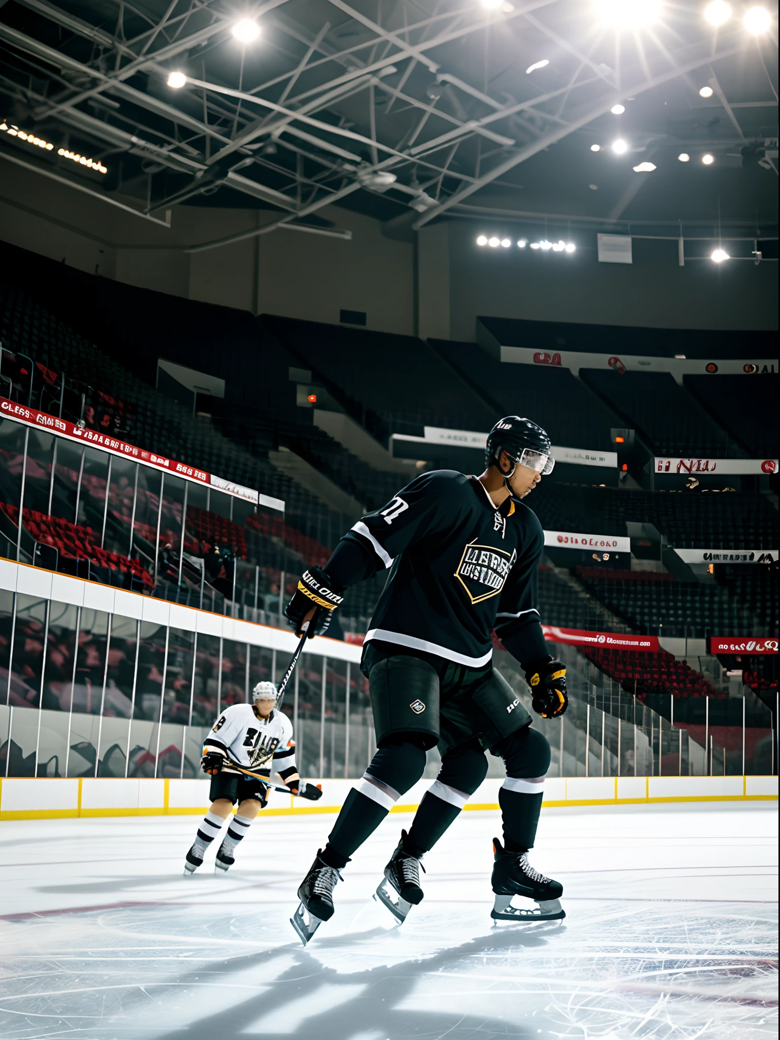 African American man skating through a hockey arena. Followed by rabbits in sunglasses.