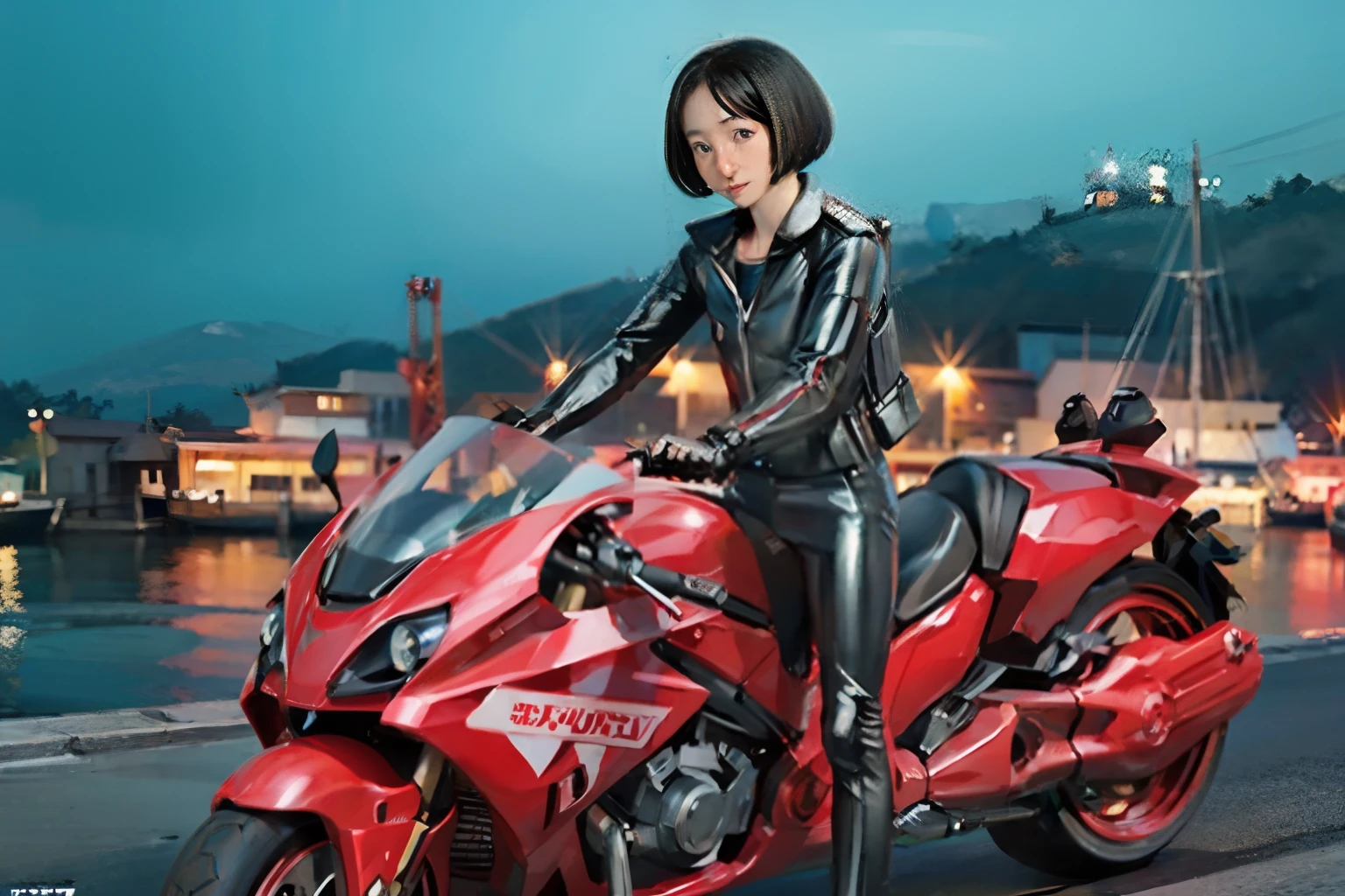 38
(Shorthair:1.23), (a 25yo woman), (The motorcycle of the future), (A hyper-realistic), (Masterpiece), (8KUHD), Being in the harbor at night
