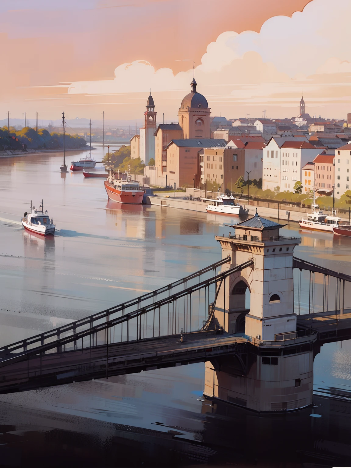 (Best quality,award-winning illustrations)There is a bridge over the river，There are some European buildings in the distance，There are moving boats on the water，Anime comic style，clean color，Pure picture，Translucent color，Sunset weather，a warm color palette，Warm sky，Sunset sun shadow