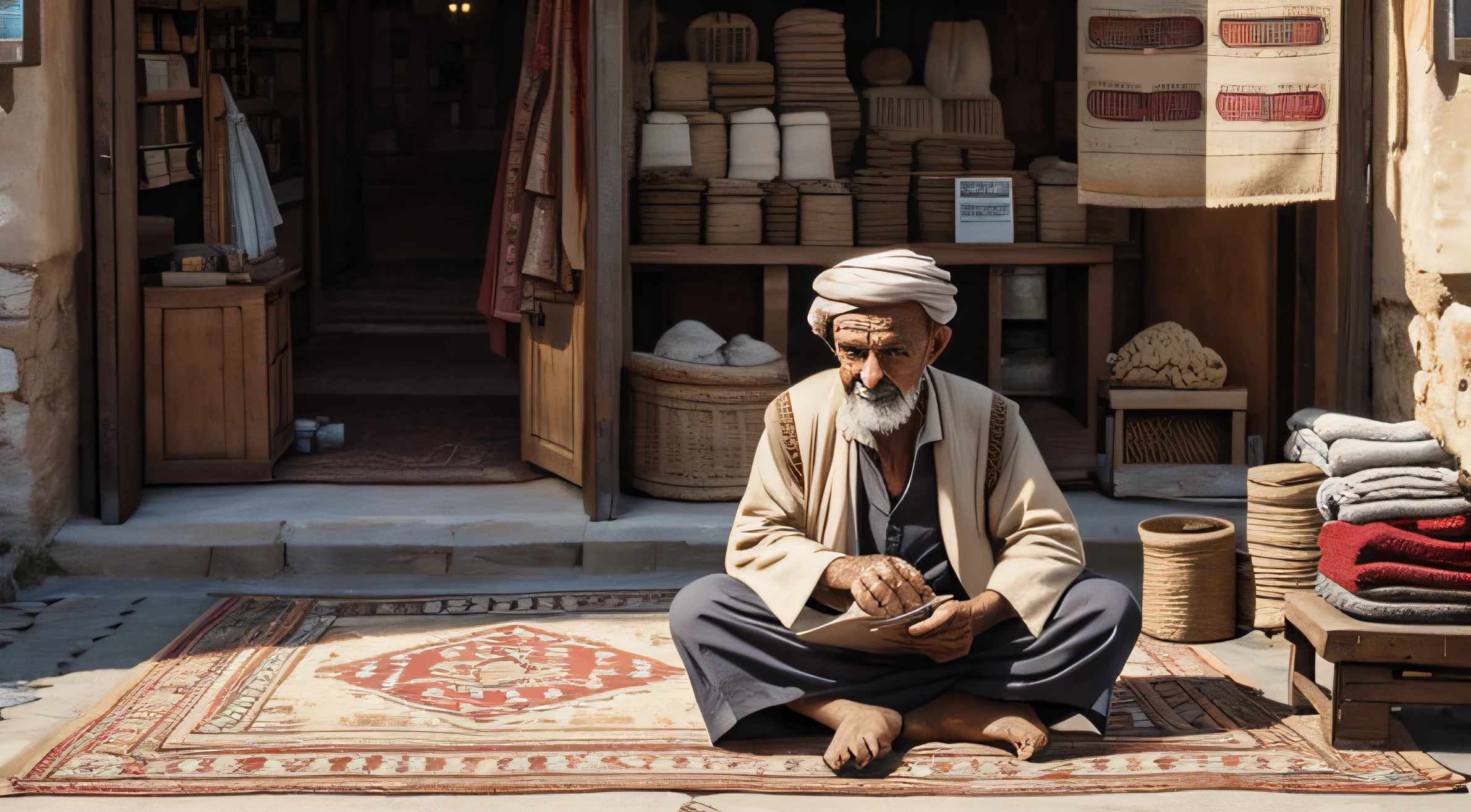 An old merchant selling a lot of carpets in town
