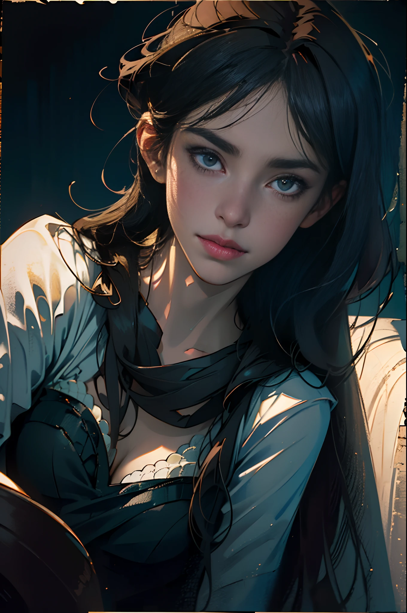 ((You may be one person to the world but you may also be the world to one person, paradox, Adrian Ghenie, jenny saville, edward hopper, dark art by James Jean, Takato Yamamoto)),(RAW photo, best quality), ((Nostalgia,1980s syle)),(A girl with a literary atmosphere:1.2),(realistic, photo-realistic:1.3), extremely delicate and beautiful, Amazing, finely detail, masterpiece, ultra-detailed, highres,best illustration, best shadow,intricate,depth of field,1girl,(long legs:1.4),long hair,messy hair,((((low key,dark scene,dimly lit)))),fat,(((soft lighting:1.4))),(pale skin:1.4),(shy smile),(cinematic angle),sharp focus, volumetric fog, 8k UHD, DSLR, high quality,( film grain:1.4), Fujifilm XT3,(looking at viewer)