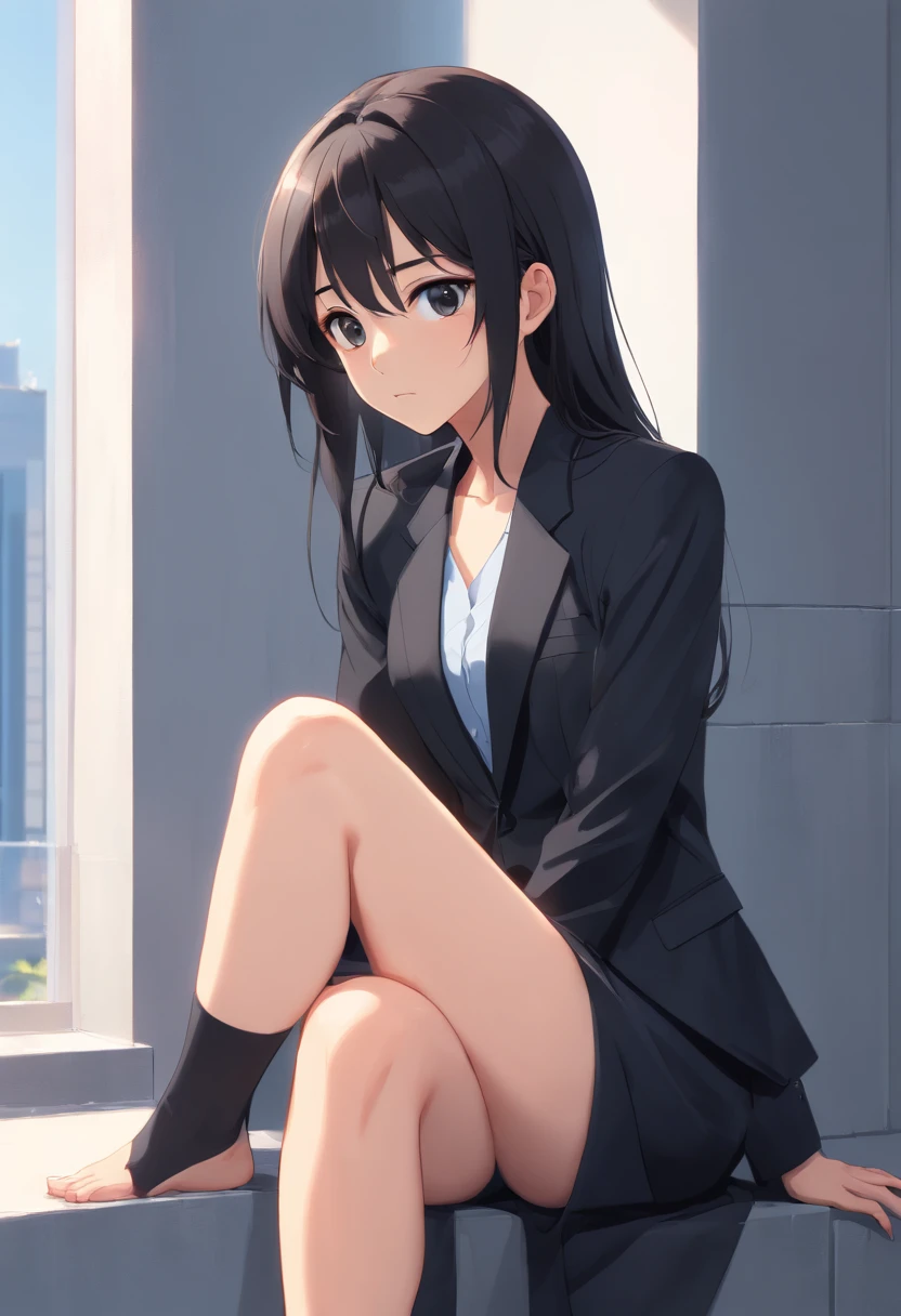8K Delicate Perfect Real 2D Black Mature Young Woman in Black Long Hair Black Eyes Black Suit, Feet in black silk, Delicate face, mature figure(Full body photo)Leaning against a White Wall, Looking Ahead, His face is cold