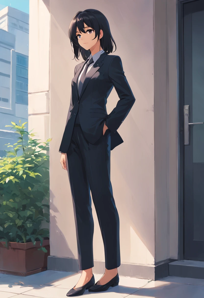 8K Delicate Perfect Real 2D Black Mature Young Woman in Black Long Hair Black Eyes Black Suit, Feet in black silk, Delicate face, mature figure(Full body photo)Leaning against a White Wall, Looking Ahead, His face is cold