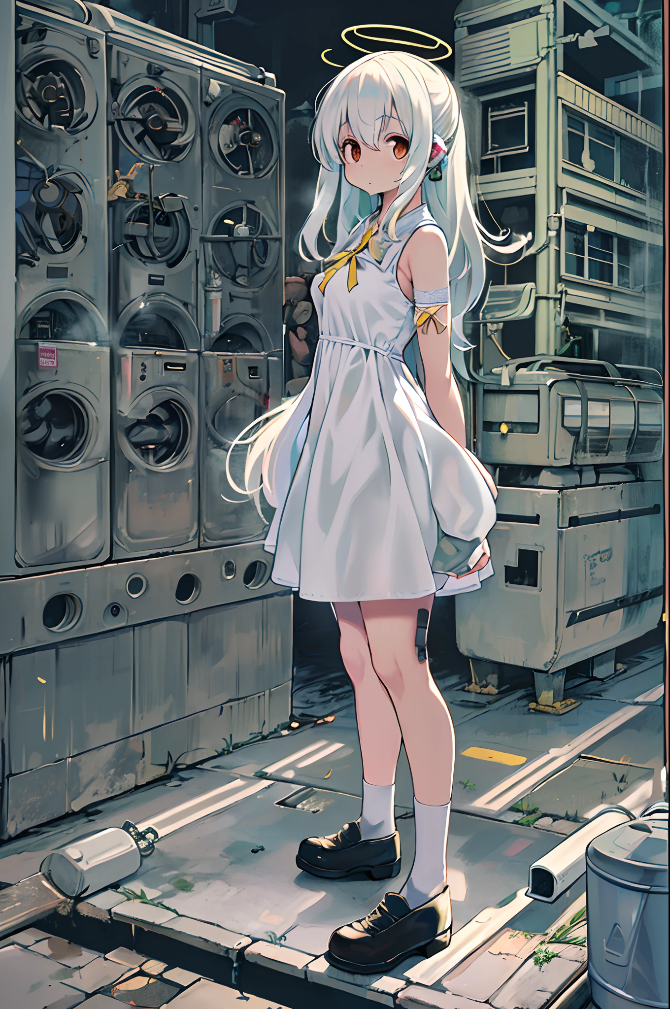 ((masutepiece, Best Quality)),girl with, Solo, Dress, Standing, Halo, backstreet, Outdoors, Bangs, White Dress, White hair, Long hair, Black footwear, Industrial Pipes, Looking at Viewer, air conditioner,Dark lighting, garbage, a trash can, HXH2011