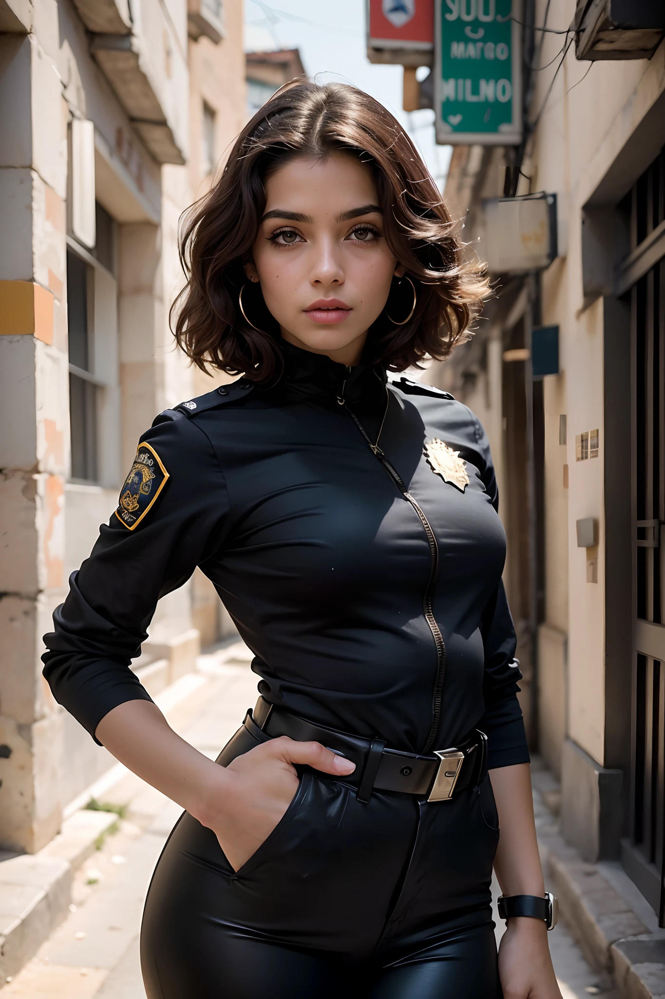 Mulher bonita em seus 20s, longos cabelos loiros, corpo definido, Seios enormes, usando uniforme de policial