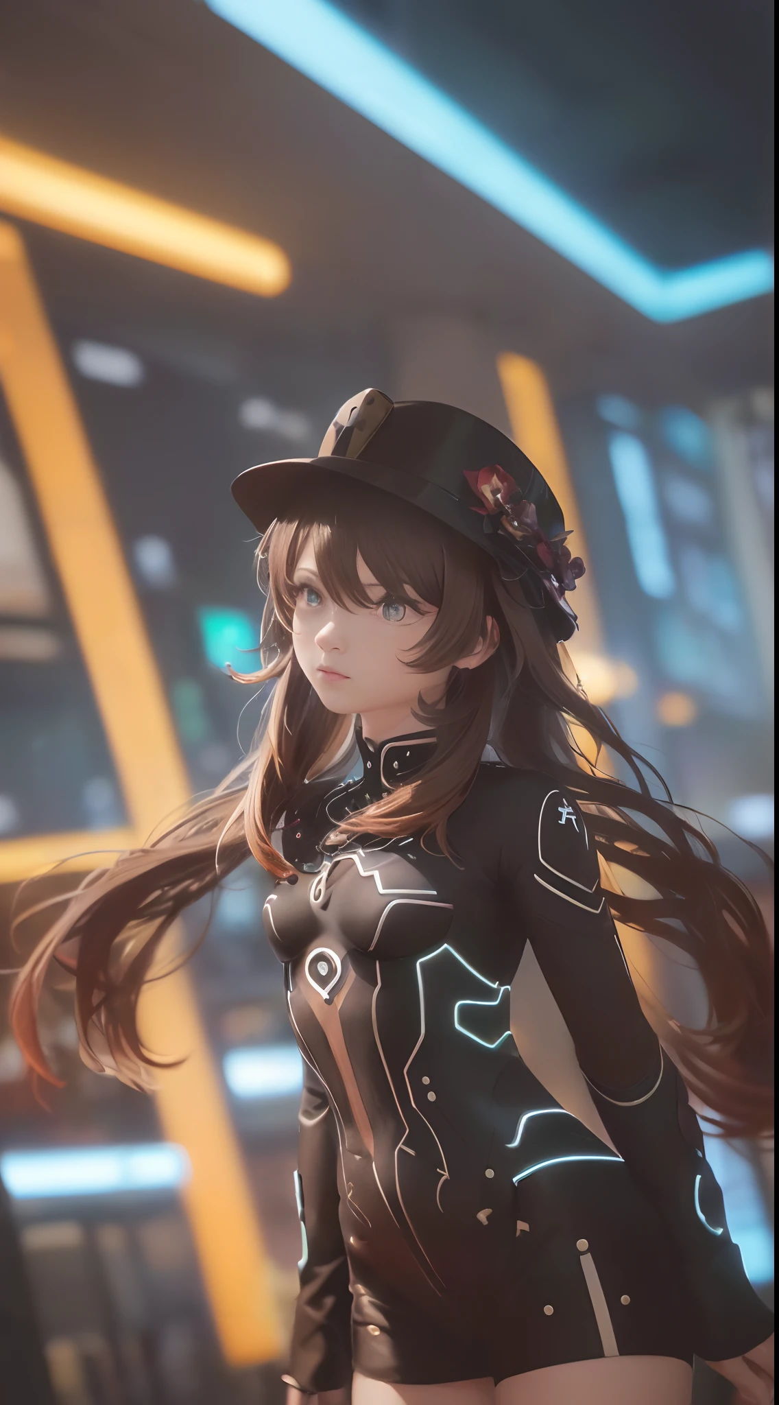 (masterpiece, best quality, high res, absurdres, ultra-detailed:1.3), 1 girl, (tron, cybers pace, techno, cyberpunk, (((brown hair))), red and brown neon light rays, synthwave, iridescent, holographic, hdr: 1.6), (prpdef1, cowboy shot:1.3), perfect hands, perfect eyes, perfect body, intricate details