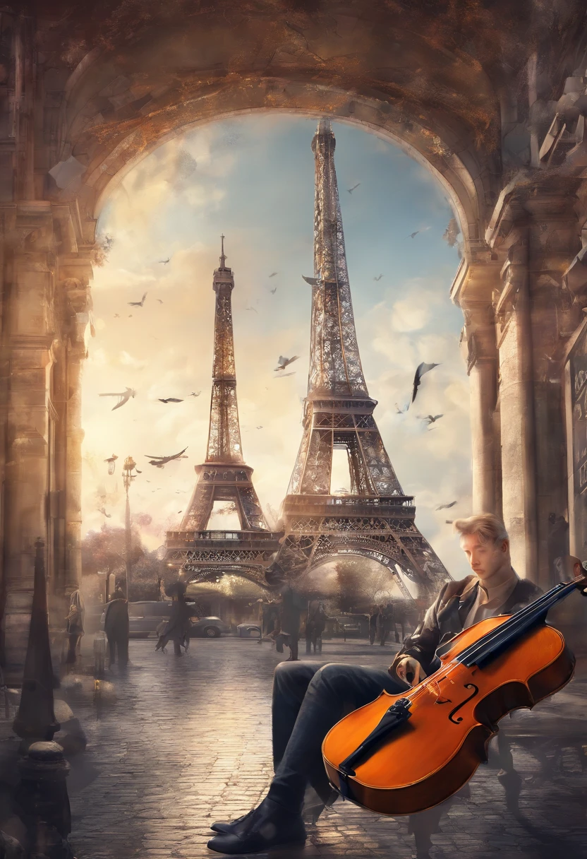 playing violin in the middle of a Paris street, Eiffel tower, elegant beauty, a combat aircraft fly in the sky, cinematical style