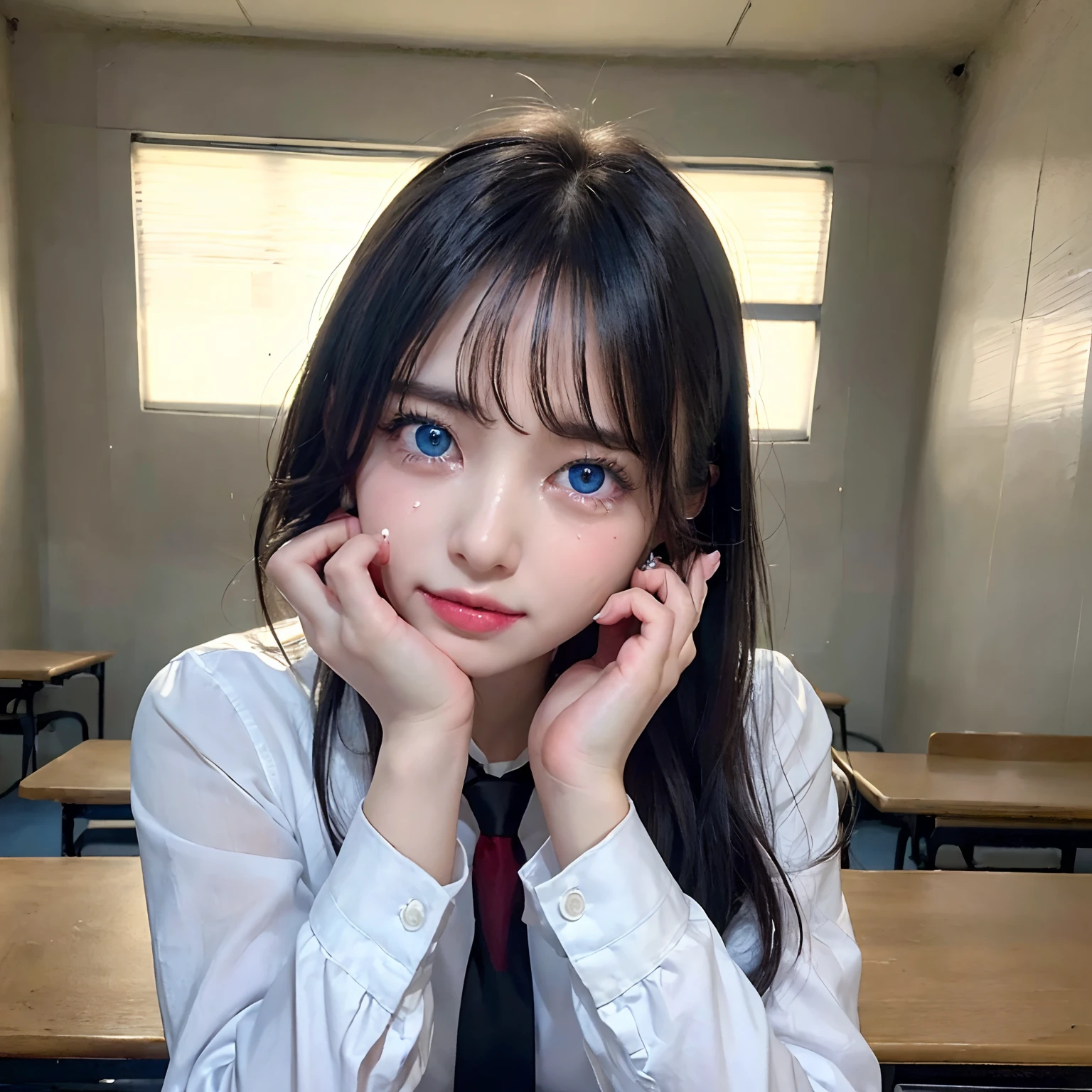 ((8K, top-quality, masterpiece, 超A high resolution, Photorealsitic:1.5)), 1girl in, cute sexy high schoolgirl, Perfect dynamic composition, In the school, tilt the neck, Sit at your desk and watch you:1.4, Highly detailed eye and face texture:1.3, Fair skin, ((School uniform with open chest:1.5, Well-shaped big)), (Beautiful blue eyes, Eyes that feel beautiful eros:1,5), (Face feeling ecstasy:1.5, Sexy face:1.5), (A mouthfeel that feels beautiful eros:1.55), (Intense erotic poses:1.7), (foco nítido, Cinematic lighting), ((((Too erotic))))
