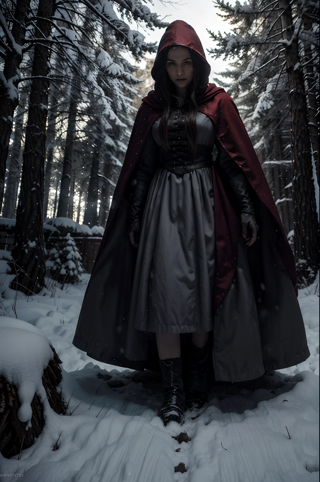 An ominous snowy forest rendered in the style of a dark fairy tale, featuring a women in a blood-red cloak cautiously making her way through the shadowy, gray tree trunks, with monstrous creatures lurking just out of sight.