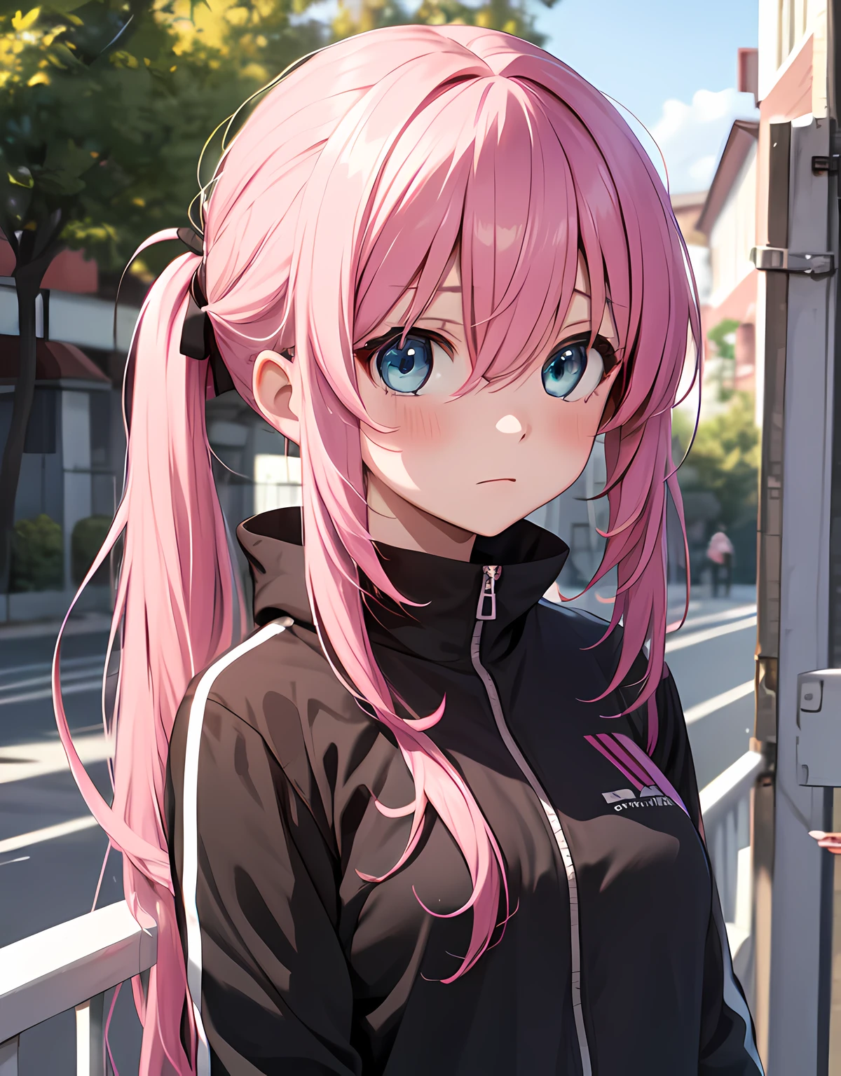 (masterpiece), 1girl, pixel, hitori gotou, blue eyes, hair between eyes, pink hair, twintail, long hair, tracksuit, black tracksuit, surprised, blush, shock, curious, outdoors