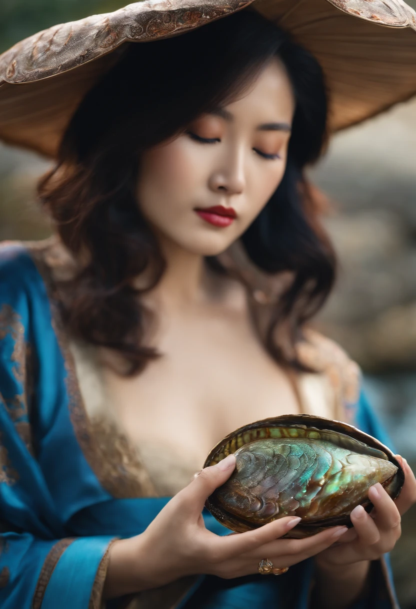 Beautiful Japan woman holding abalone