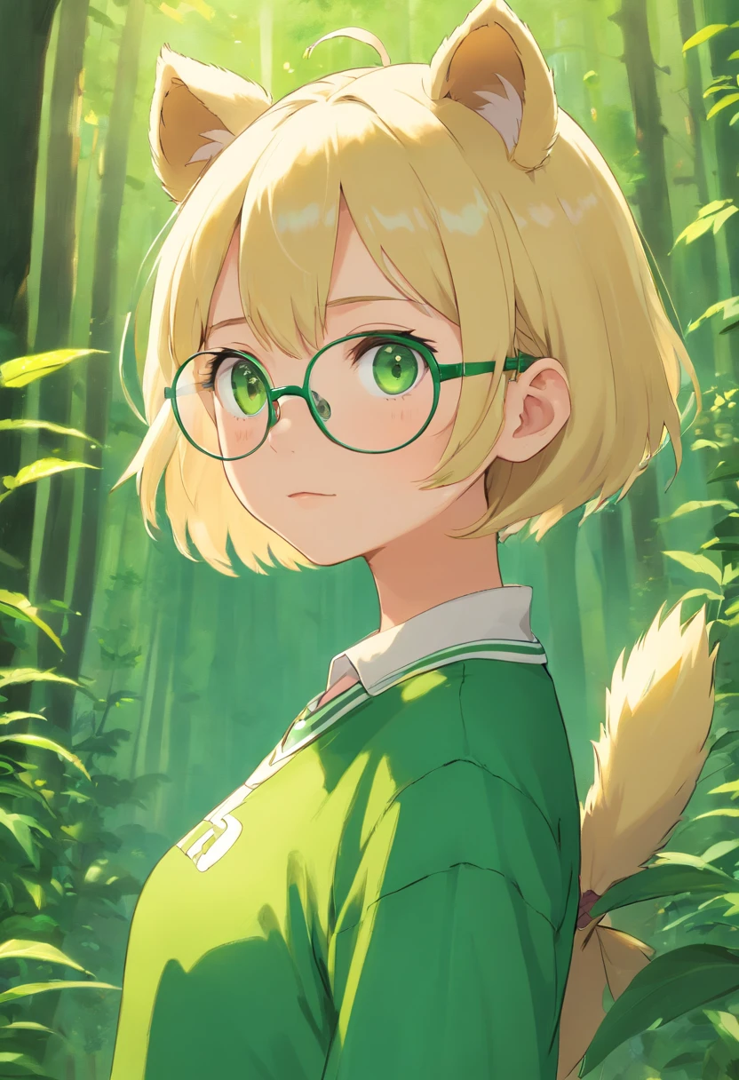 Bear ears、1 、a blond、eye glasses、Green eyes、Green jersey、short-haired、