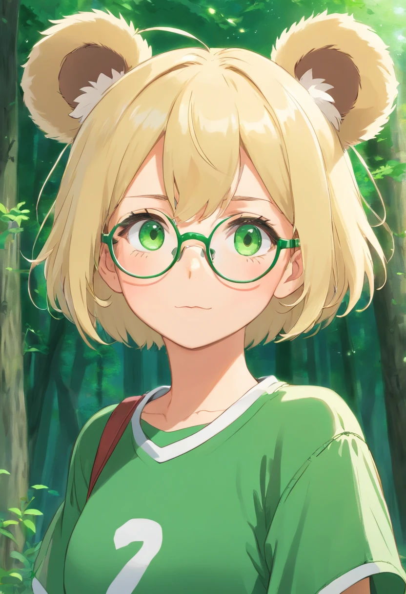 Bear ears、1 、a blond、eye glasses、Green eyes、Green jersey、short-haired、