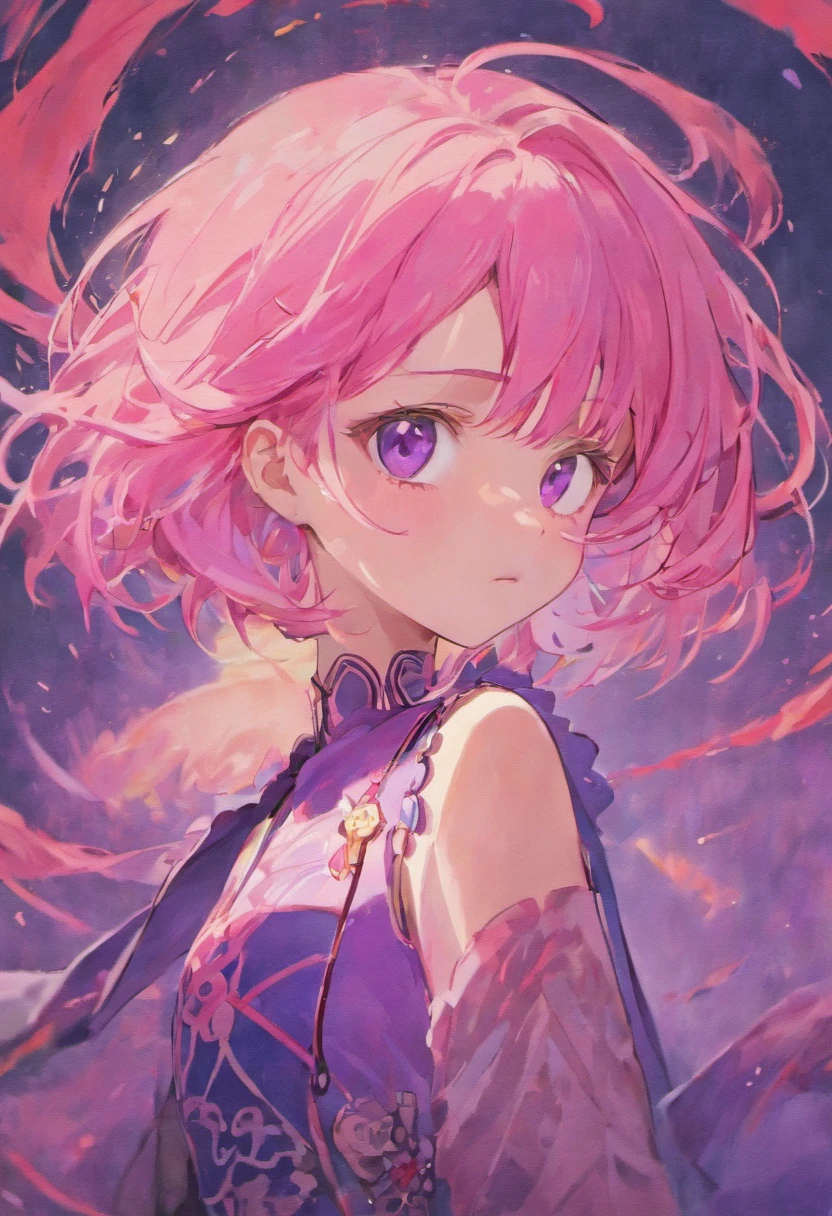 A girl, Pink hair ,Purple eyes, Traditional Chinese Ink Painting