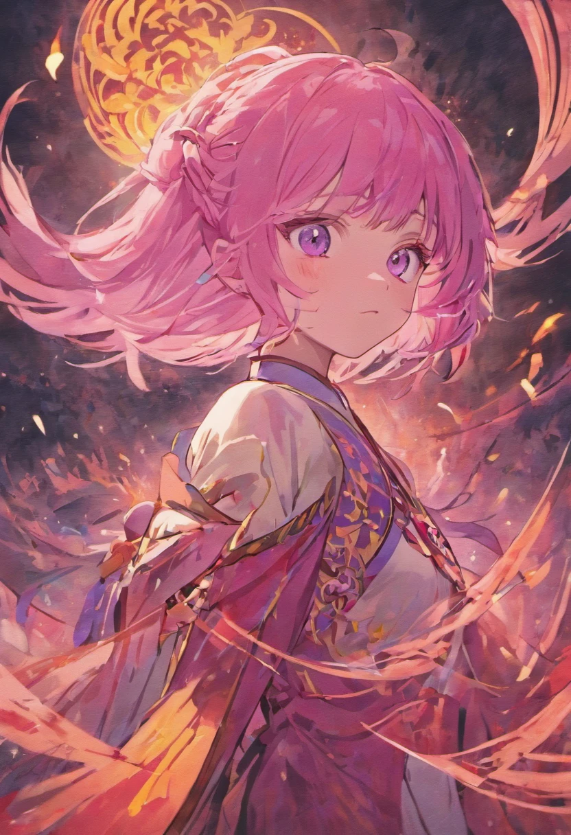 A girl, Pink hair ,Purple eyes, Traditional Chinese Ink Painting