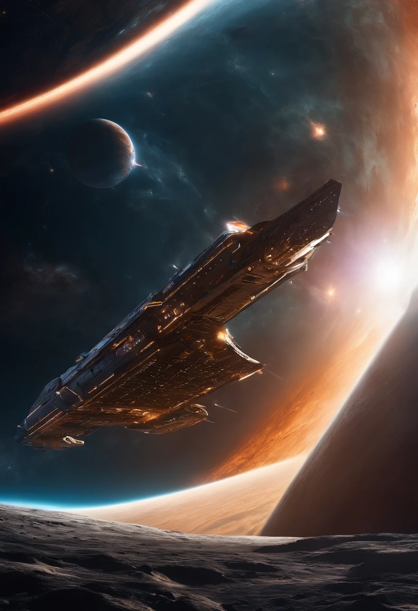 a spaceship in space, plowing through outer space, near a planet, a frigate
