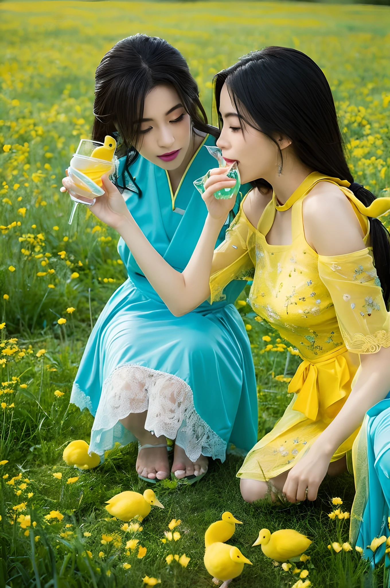 Araffe Japanese model, hyperrealistic,(2girls:1.4,leering:1.2), drinking water in a glass with lots of ice next to yellow ducklings in a meadow,see-through costume,embroidery pattern,