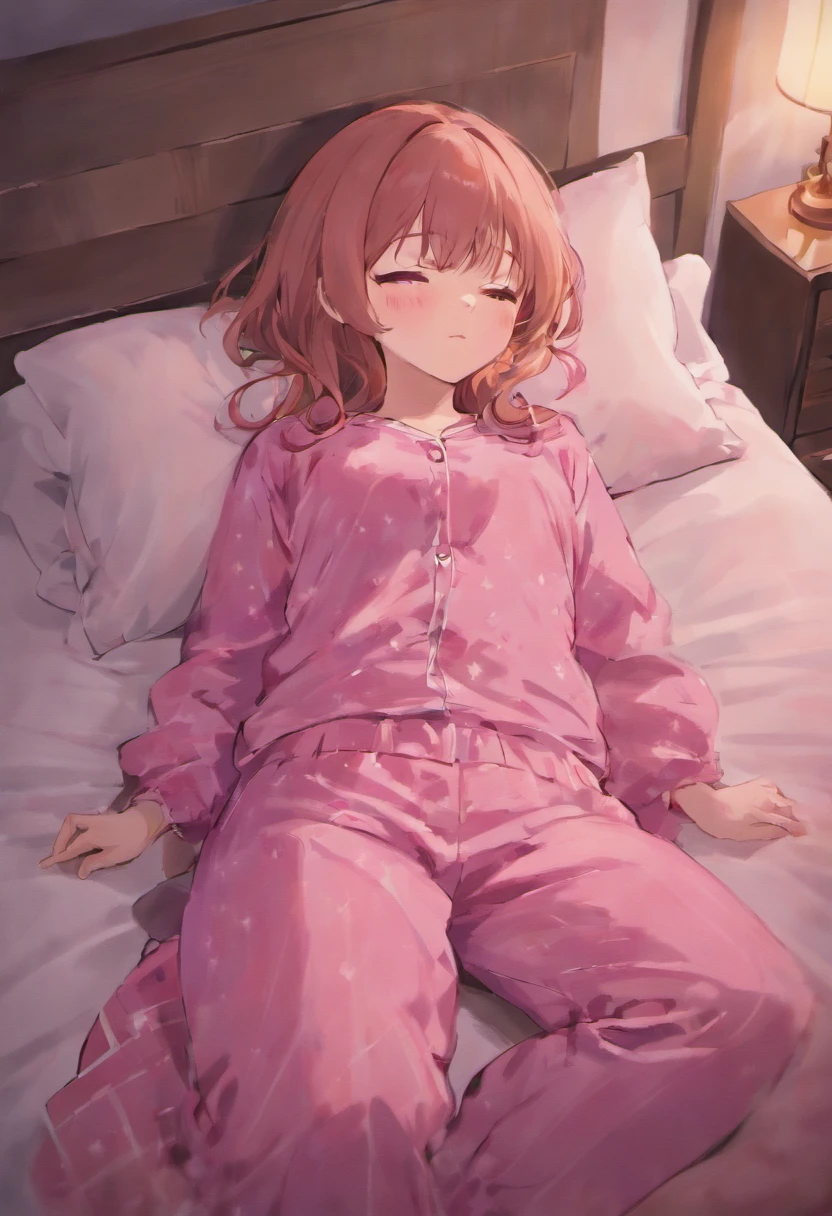 (Kigurumi pajamas style), (13 yo brown hair long hair cute girl), surprised pink (((hair over  eyes))), surprised face, (in a bunny hooded, bunny kigurumi), break, in the lovely bedroom of night, BREAK, masterpiece, best quality, 16k, beautiful detailed night, daydreaming expression.