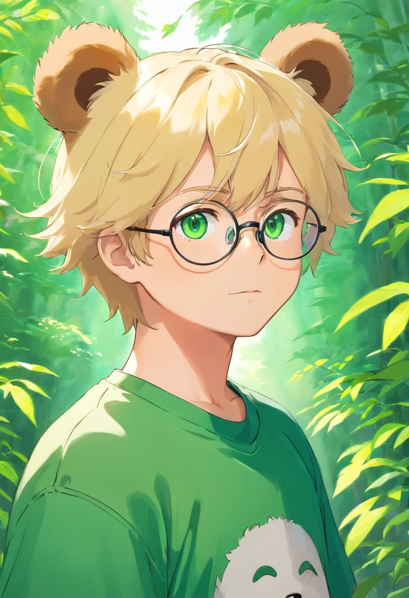 Bear ears、1 boy、a blond、eye glasses、Green eyes、Green jersey、short-haired、