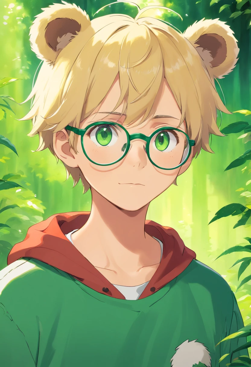 Bear ears、1 boy、a blond、eye glasses、Green eyes、Green jersey、short-haired、