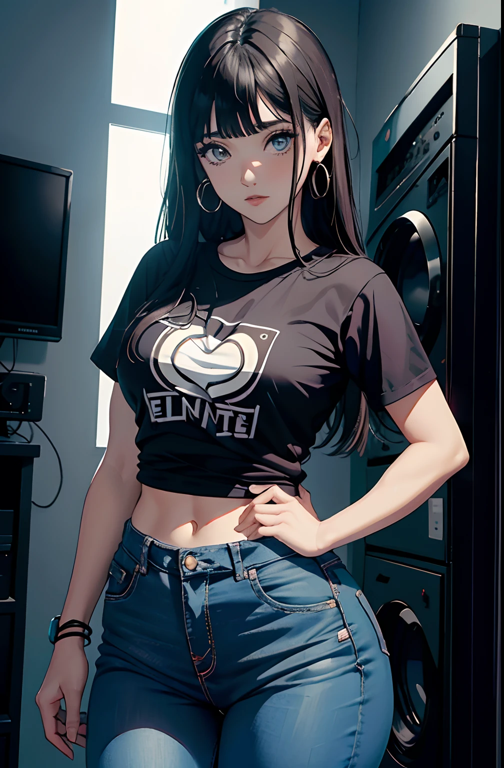 (Hinata Hyuga, muito sensual, com roupas apertadas, bunda grande, pernas grossas, Wearing extremely tight jeans, usando uma mini blusa, umbigo com pirsing, cabelo grande, Speaker behind, muito realista, extremamente sexy, 8k, 8k extremamente detalhado), (um extremamente delicado e bonito), (obra-prima), (melhor qualidade: 1.0), (ultra highres:1.0)