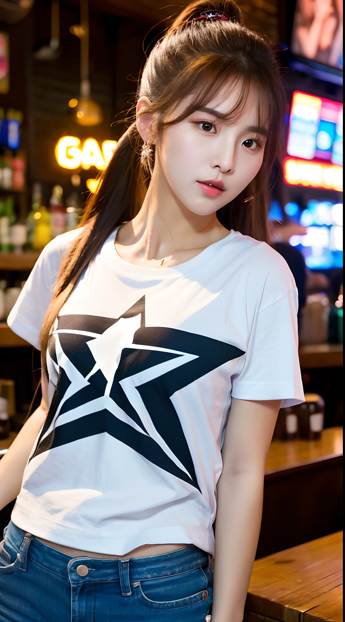 Realistic photos of (1 cute Korean star) front ponytail, 32 inch breasts size,wearing crop t-shirt, pants, standing in the bar, close-up portrait, front view, UHD