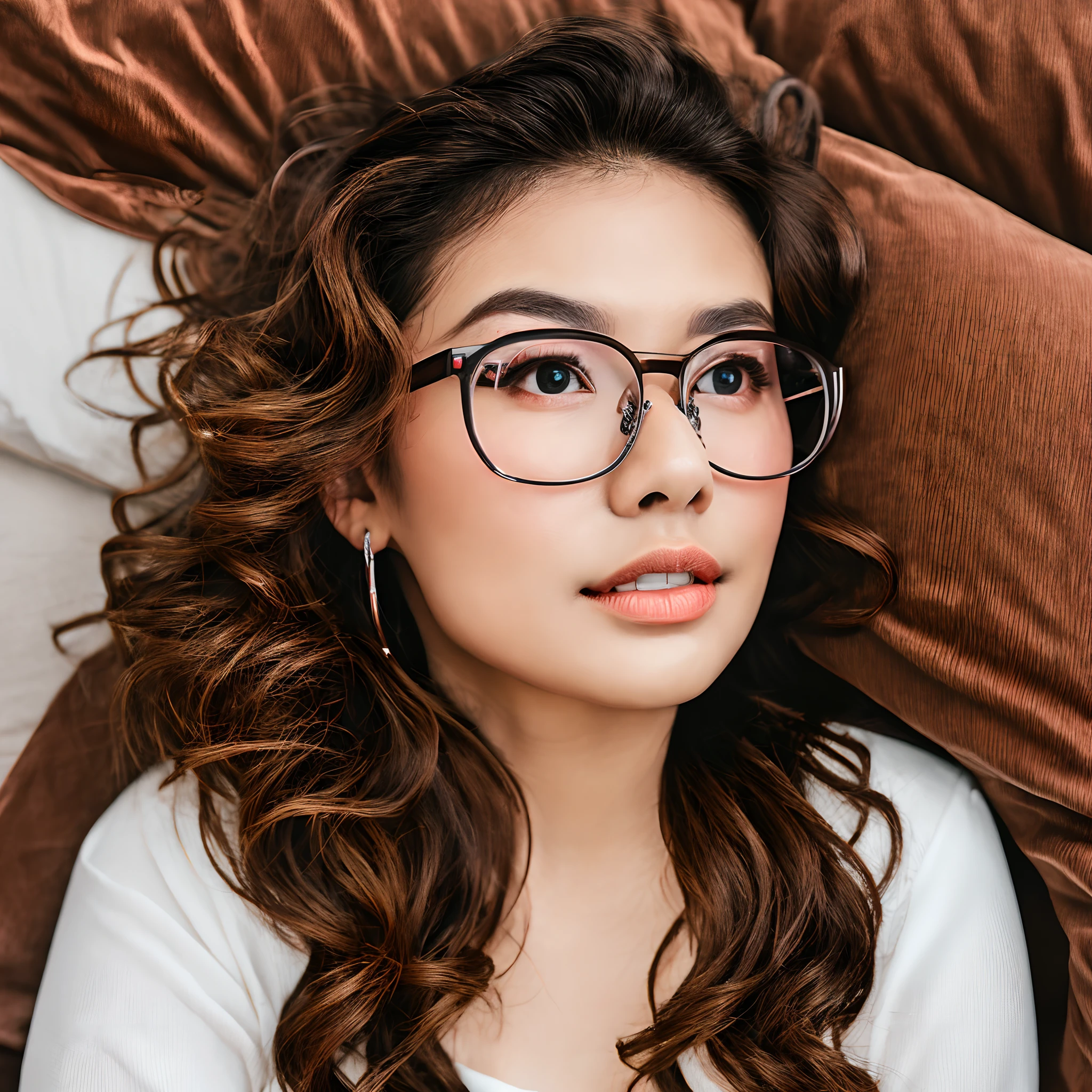 femele、brown haired(long)、Brown eyes、Black-rimmed glasses、Ring piercing of the earlobe、Lying in bed、languorous expression、35 year old
