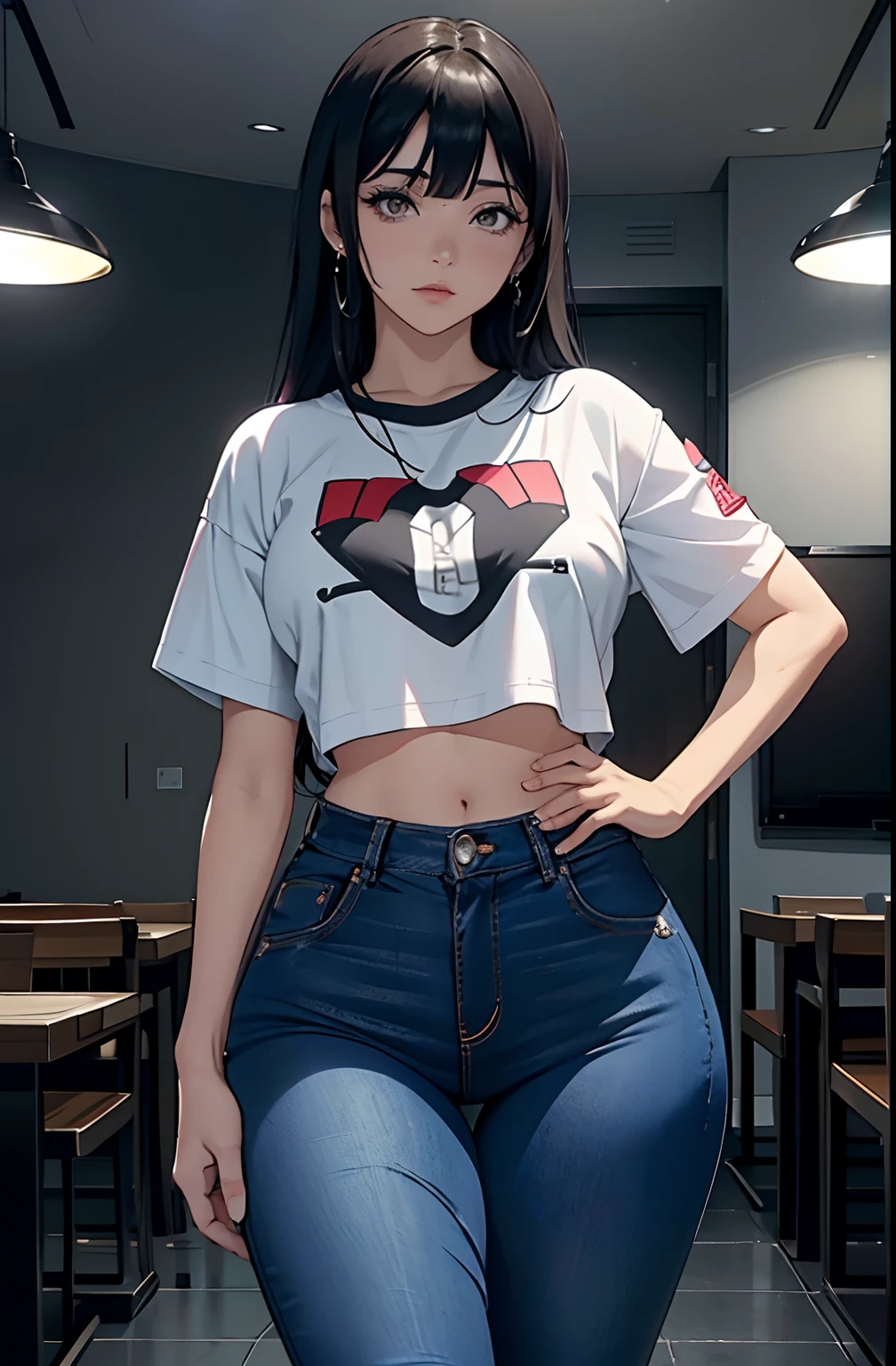 (Hinata Hyuga, muito sensual, com roupas apertadas, bunda grande, pernas grossas, Wearing extremely tight jeans, usando uma mini blusa, umbigo com pirsing, cabelo grande, Speaker behind, muito realista, extremamente sexy, 8k, 8k extremamente detalhado), (um extremamente delicado e bonito), (obra-prima), (melhor qualidade: 1.0), (ultra highres:1.0)