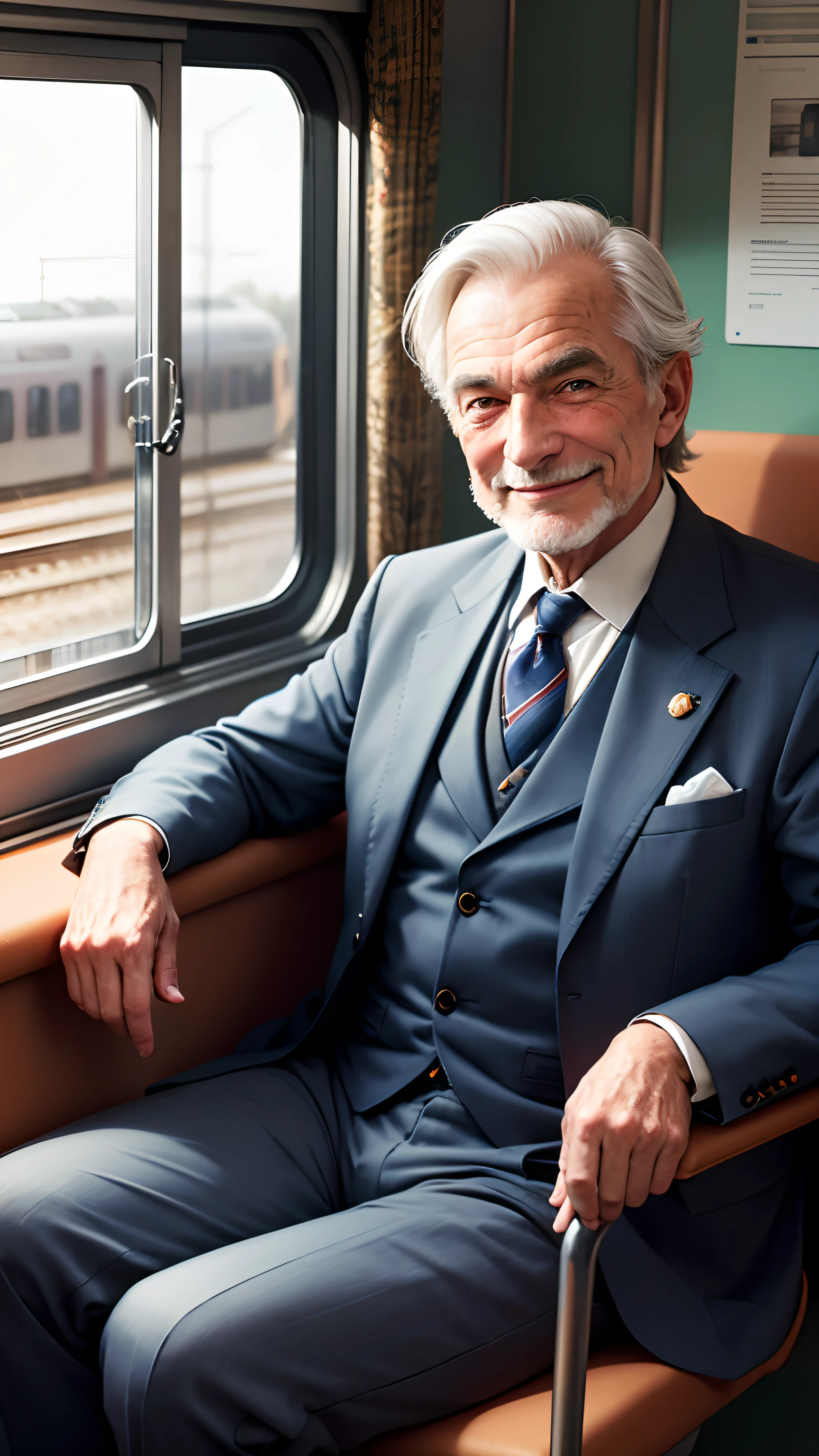 70 years old European man in suit,The expression is smiling,sitting inside a train,In the background is a train window