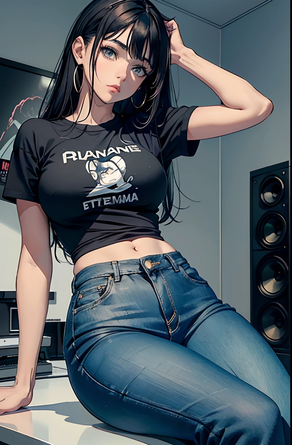 (Hinata Hyuga, muito sensual, com roupas apertadas, bunda grande, pernas grossas, Wearing extremely tight jeans, usando uma mini blusa, umbigo com pirsing, cabelo grande, Speaker behind, muito realista, extremamente sexy, 8k, 8k extremamente detalhado), (um extremamente delicado e bonito), (obra-prima), (melhor qualidade: 1.0), (ultra highres:1.0)